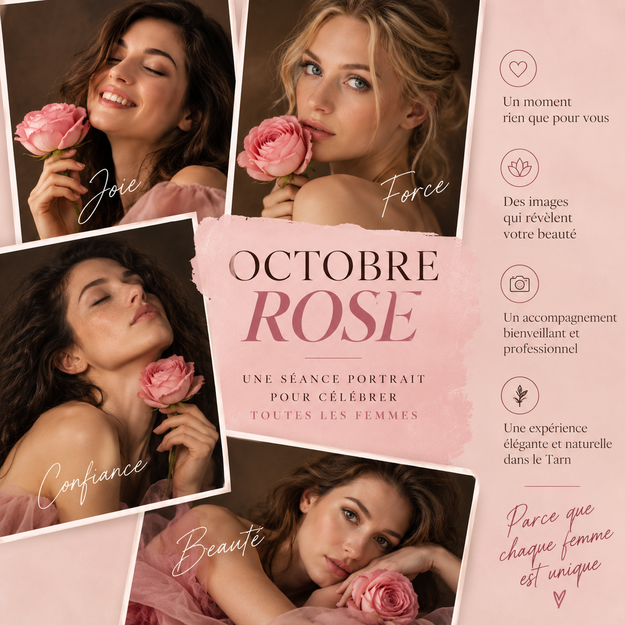 Collage de portraits féminins pour une séance photo Octobre Rose dans le Tarn