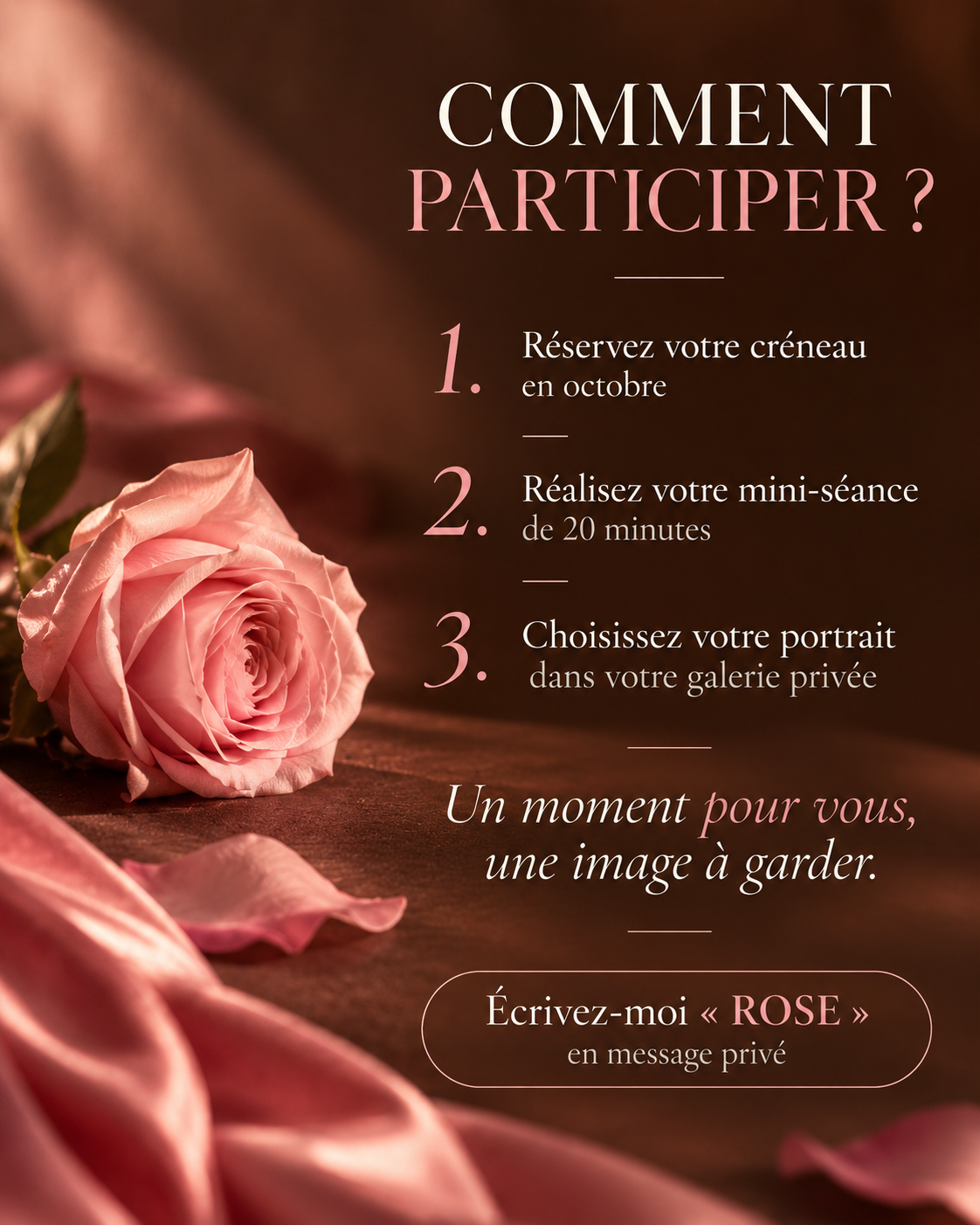Portrait féminin élégant avec une rose pour une campagne photo Octobre Rose dans le Tarn