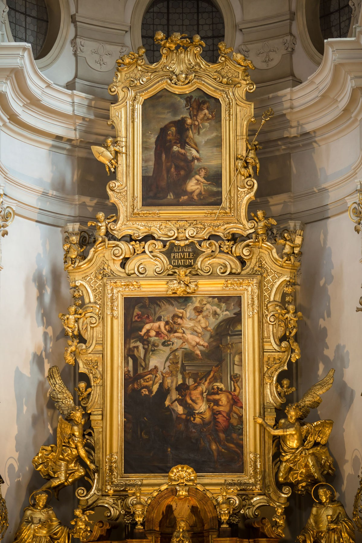 Baroque altar with short historical context at St. Thomas Church Prague wedding ceremony