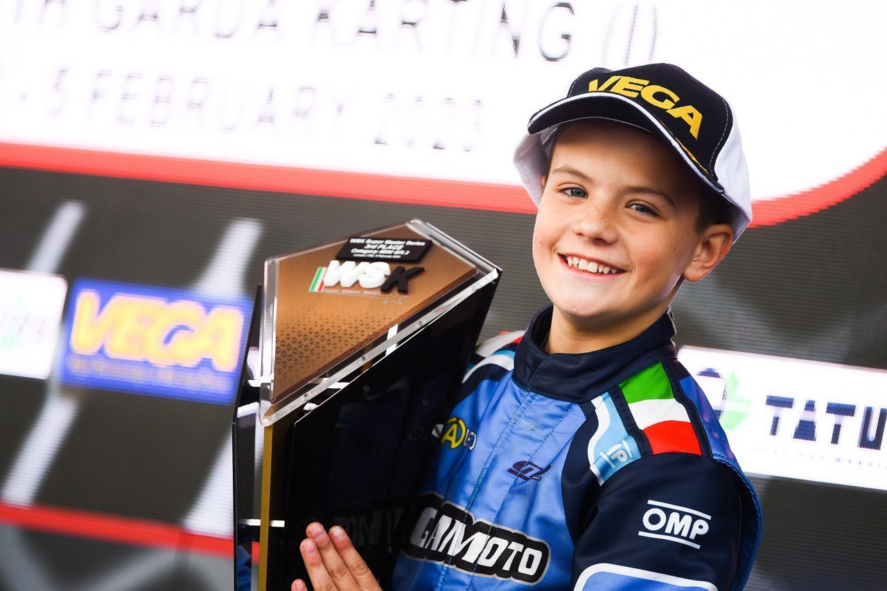 Podium WSK South Garda karting Ivannikov driver mini. Karting in Italy, russian driver