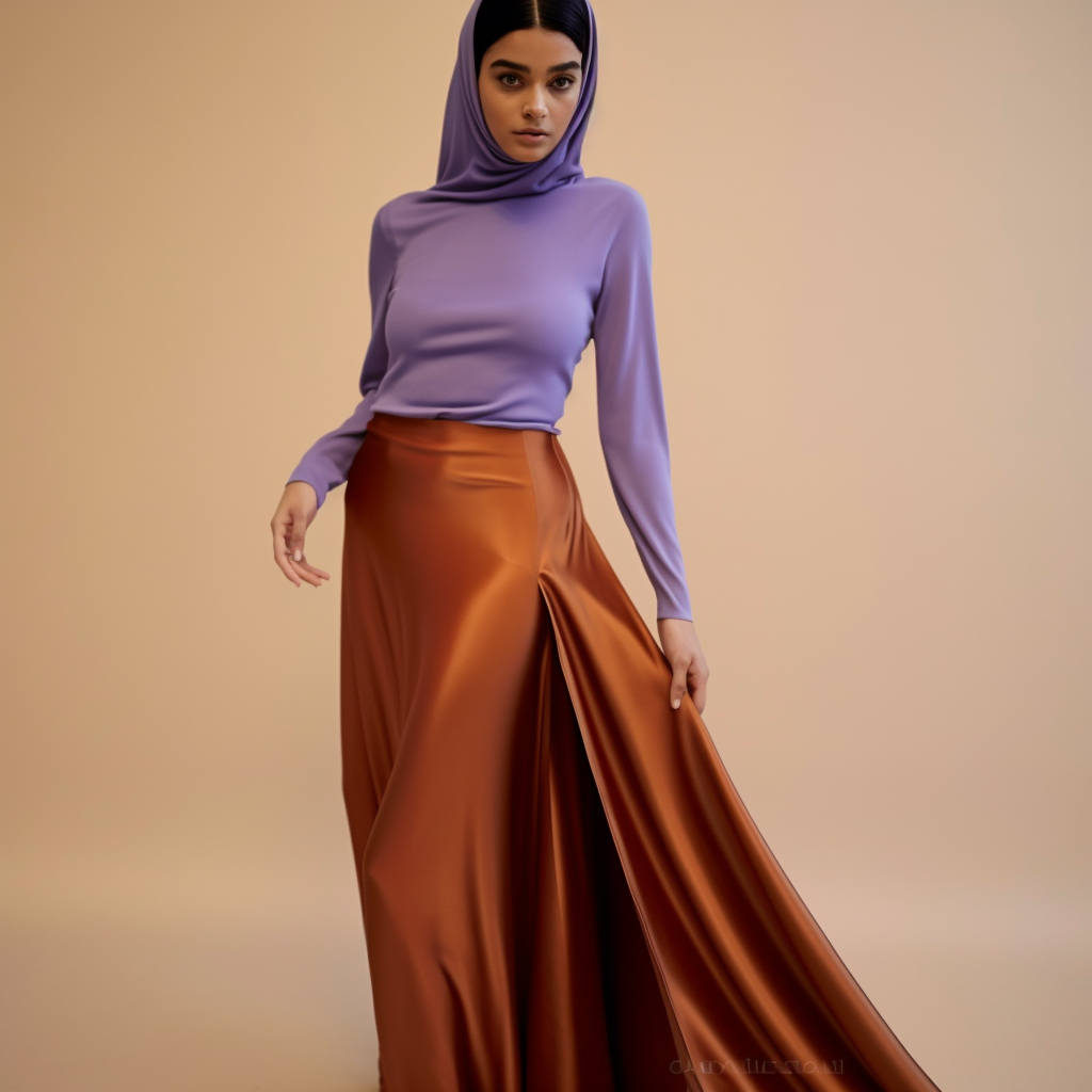 Model in a hijab styled with a lilac blouse and flowing orange skirt, set against a soft beige backdrop