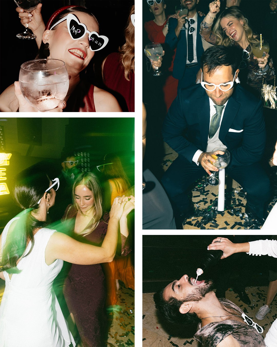 Invitados disfrutando de la fiesta de boda con gafas y música