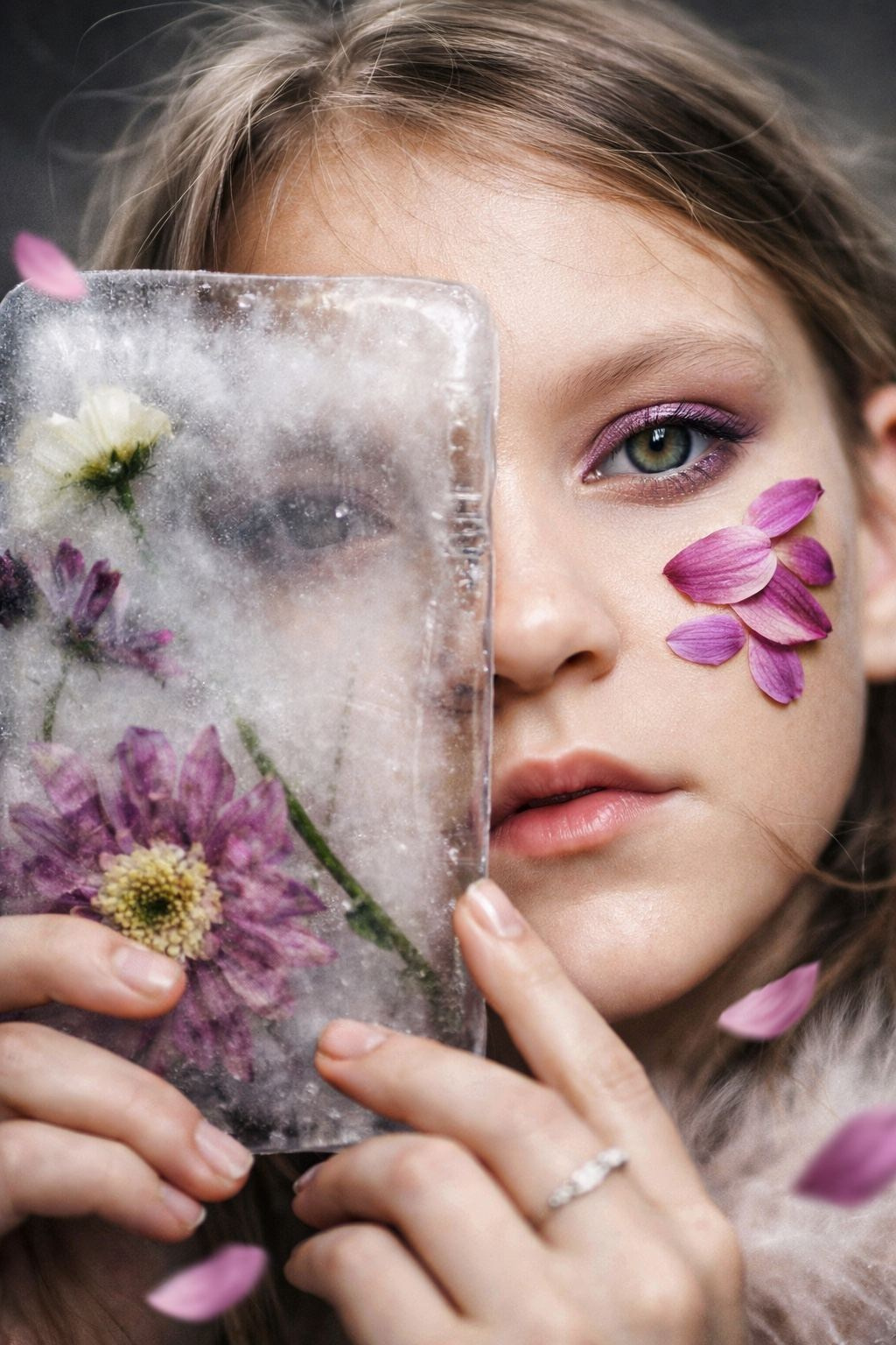 Детская портретная фотосессия с цветами во льду