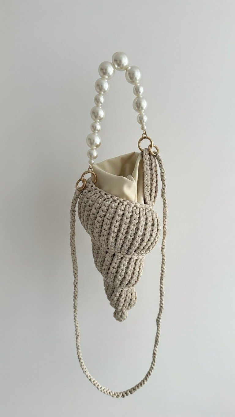 Beige macramé handbag with pearl handle floating on neutral background, minimalist fashion accessory product photography