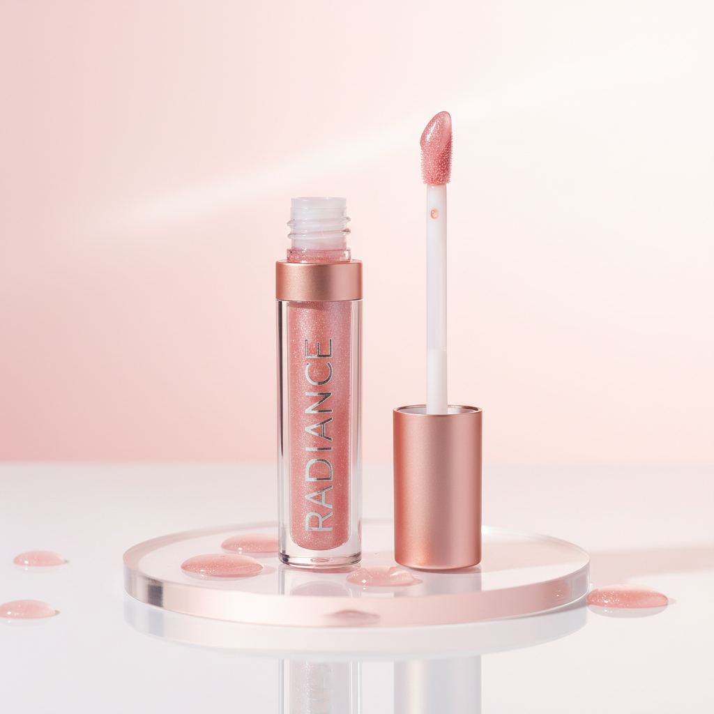 AI beauty product render showcasing glossy lip shine in soft radiant tones