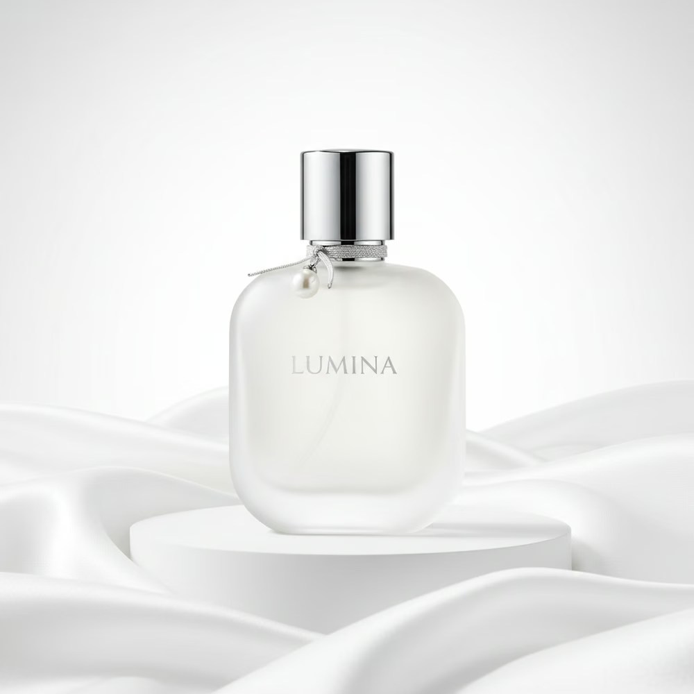 White perfume bottle displayed on flowing fabric in a refined CGI visual