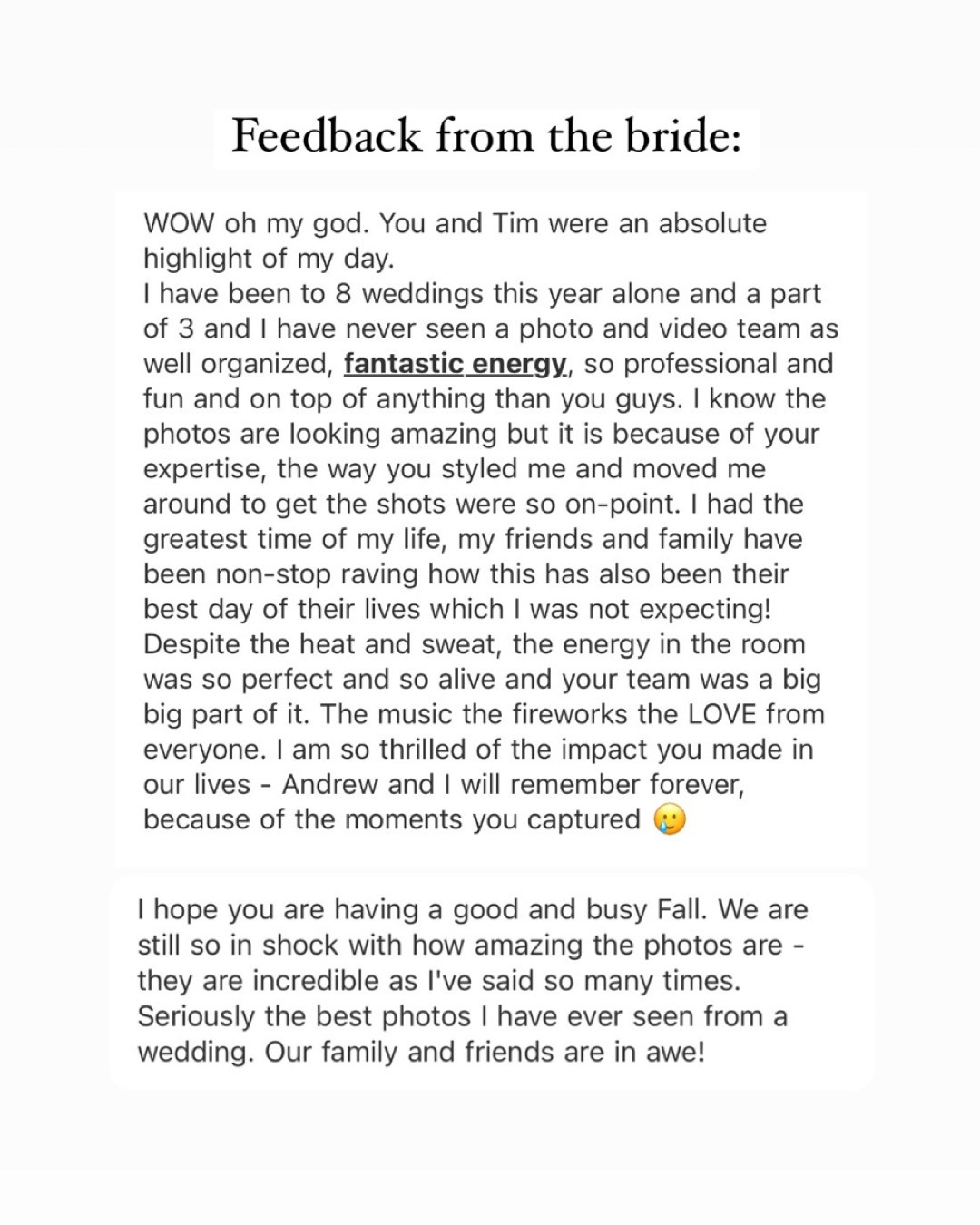 Feedback from the bride written on white background with black text.