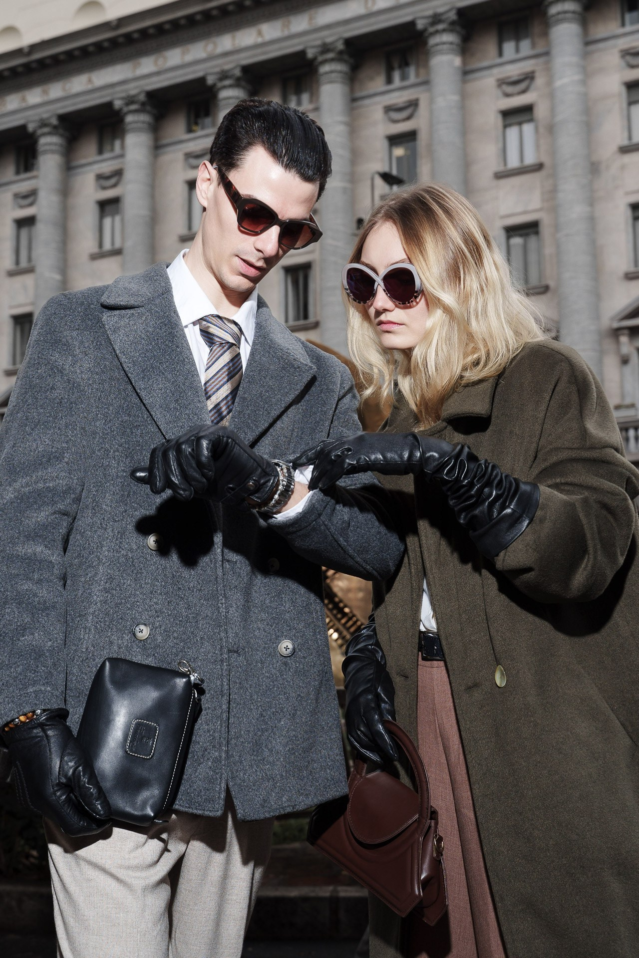 Street style couple portrait in city environment, lifestyle fashion photography