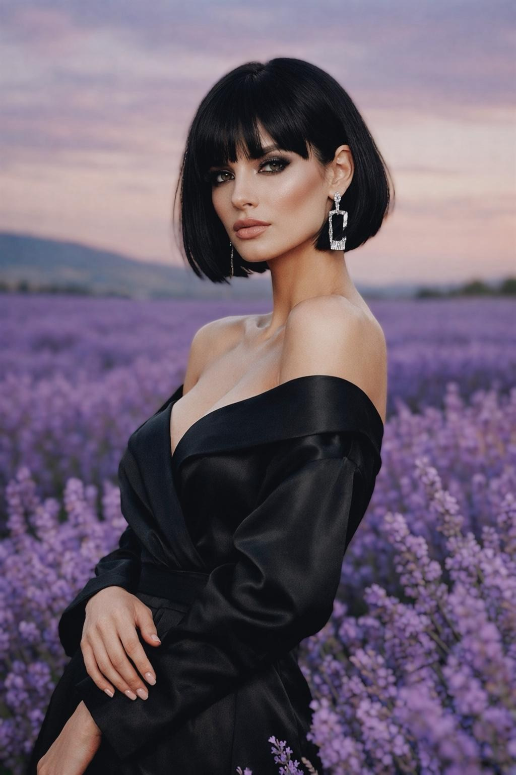 модель в черном платье лавандовое поле вечерний портрет