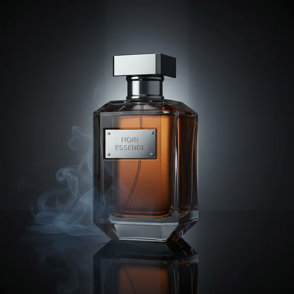 Amber perfume bottle surrounded by smoke in a dramatic CGI scene