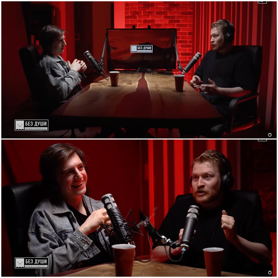 Two people recording a podcast, studio with red lighting