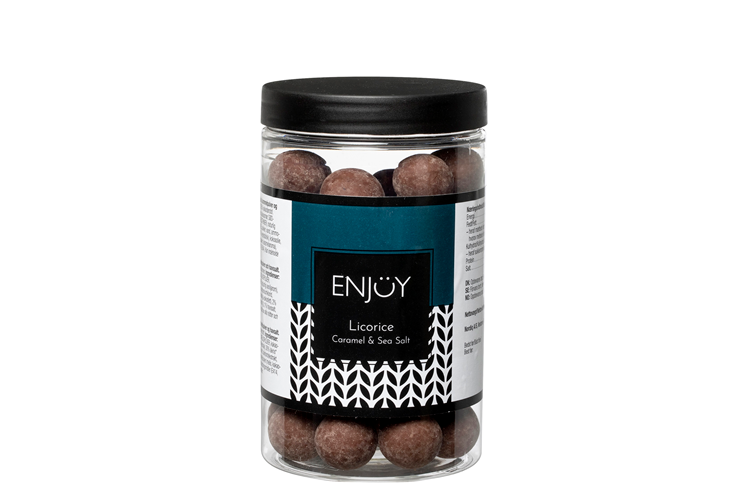 Enjoy chokolade lakrids karamel Lakrids overtrukket med mælkechokolade, karamelpulver og havsalt