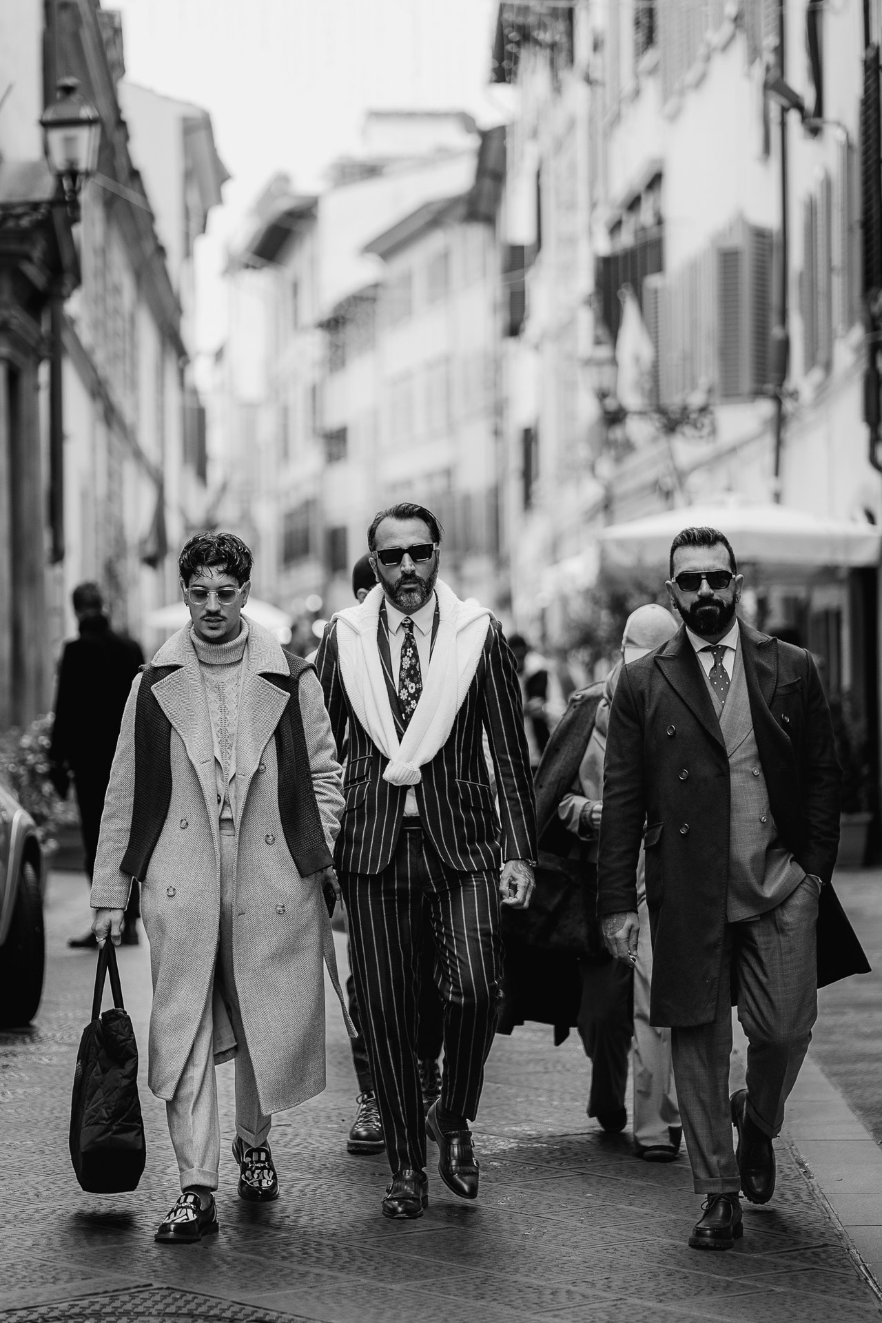 Black and white street style photography during Pitti Uomo in Florence