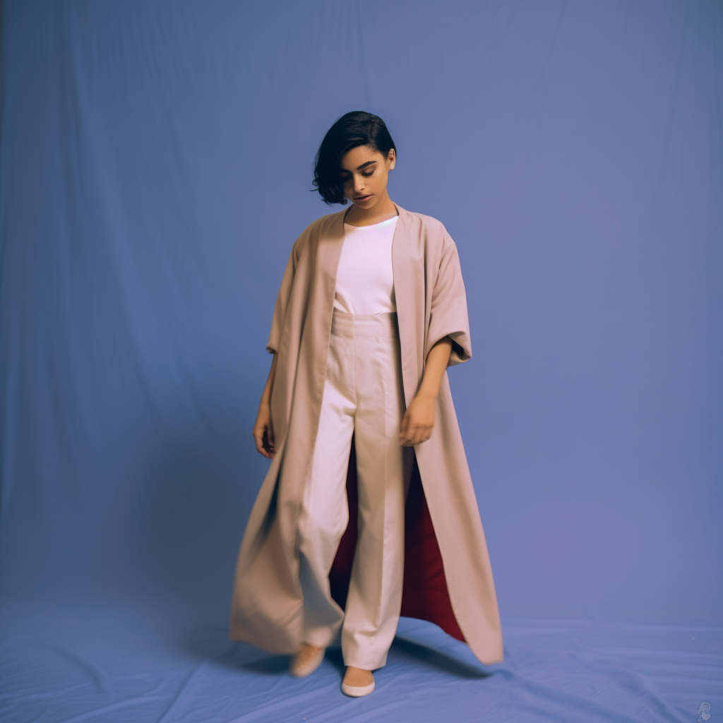 Fashion photoshoot featuring a woman in a flowing beige outfit, set against a soft blue fabric background