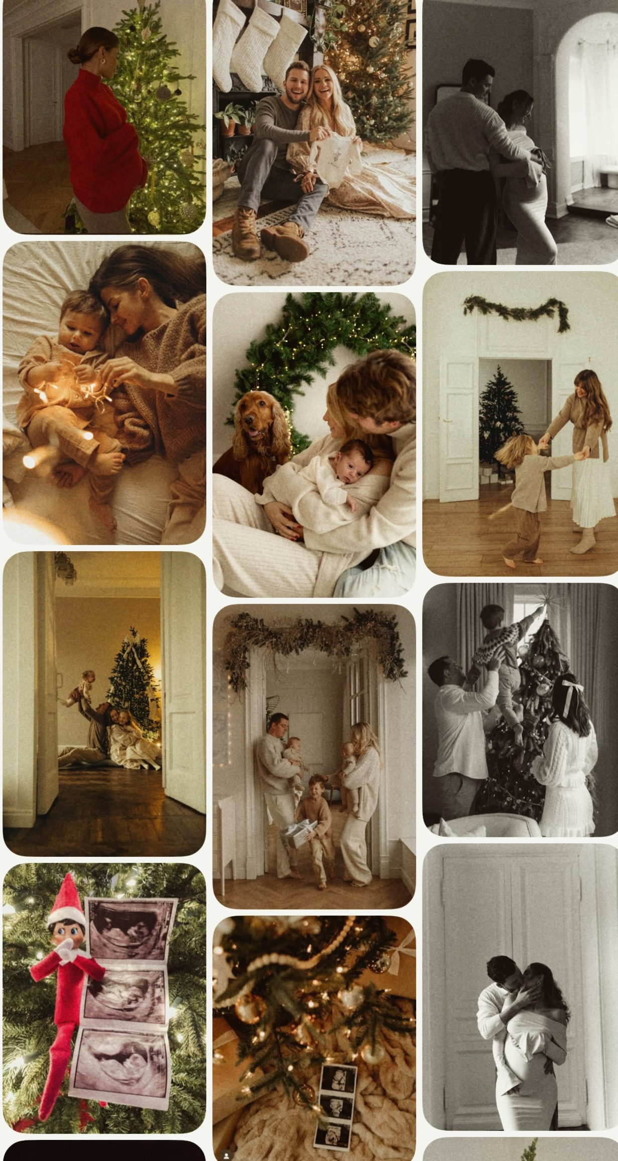 Christmas photoshoot moodboard with cozy studio décor, family poses, and warm holiday tones