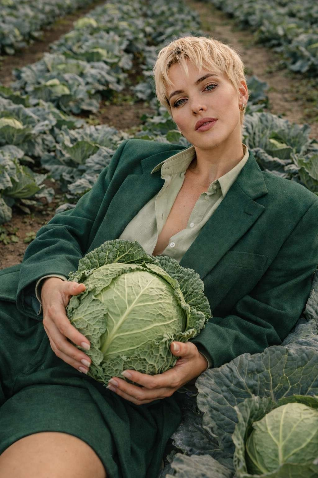 Креативная портретная фотосессия в поле с капустой