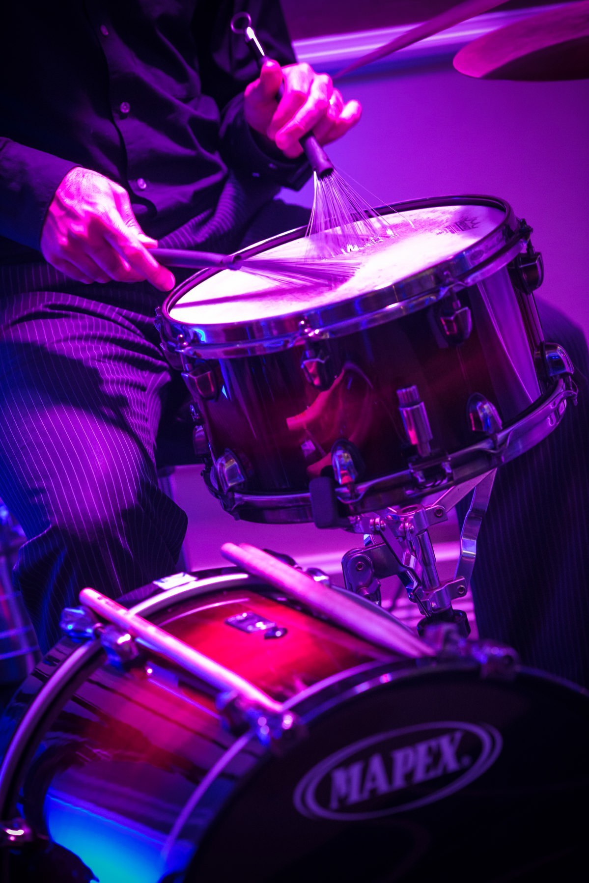 Jazz drummer on snare live performance Four Seasons wedding Prague