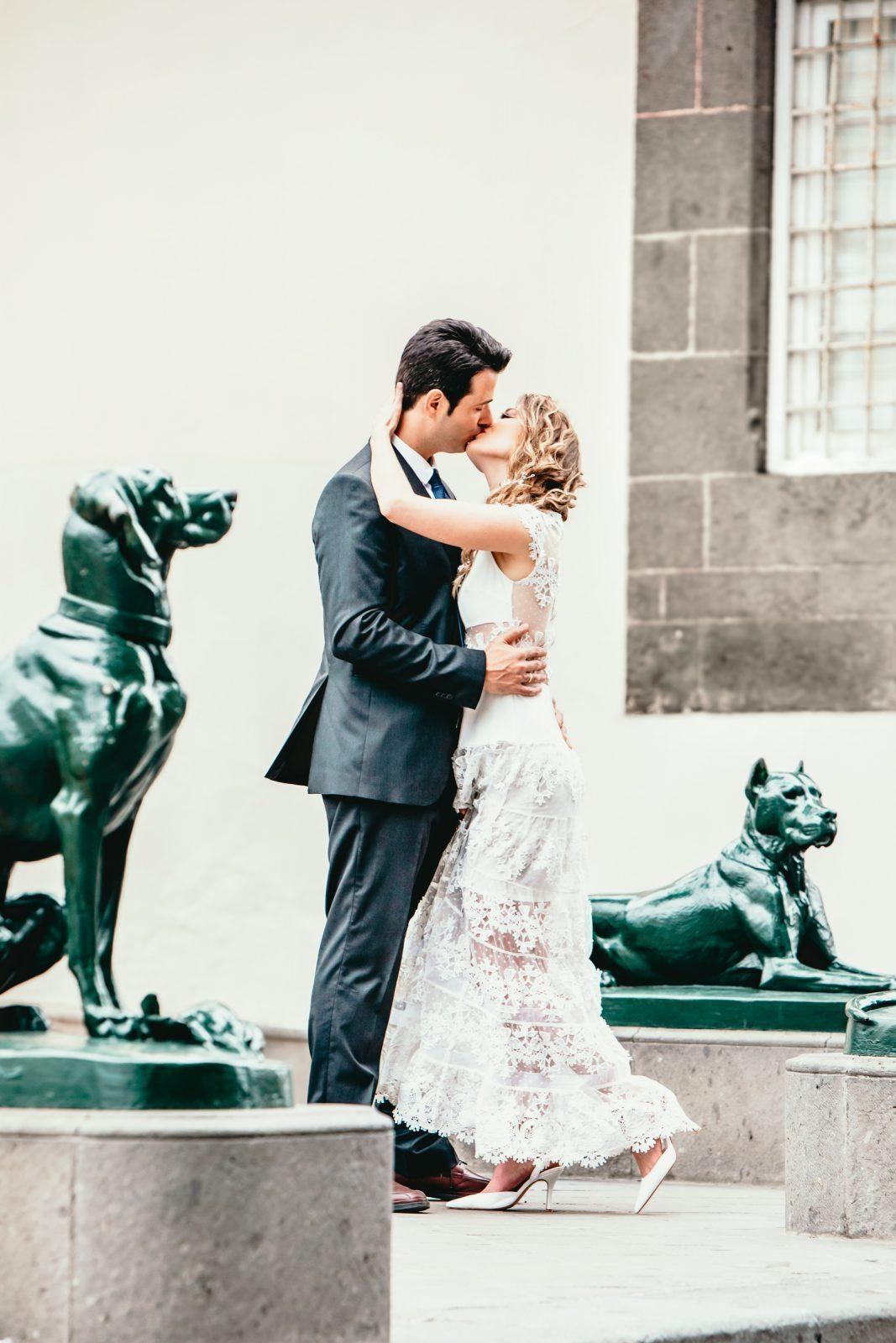 Un couple de mariés s'embrasse devant des statues de chiens.