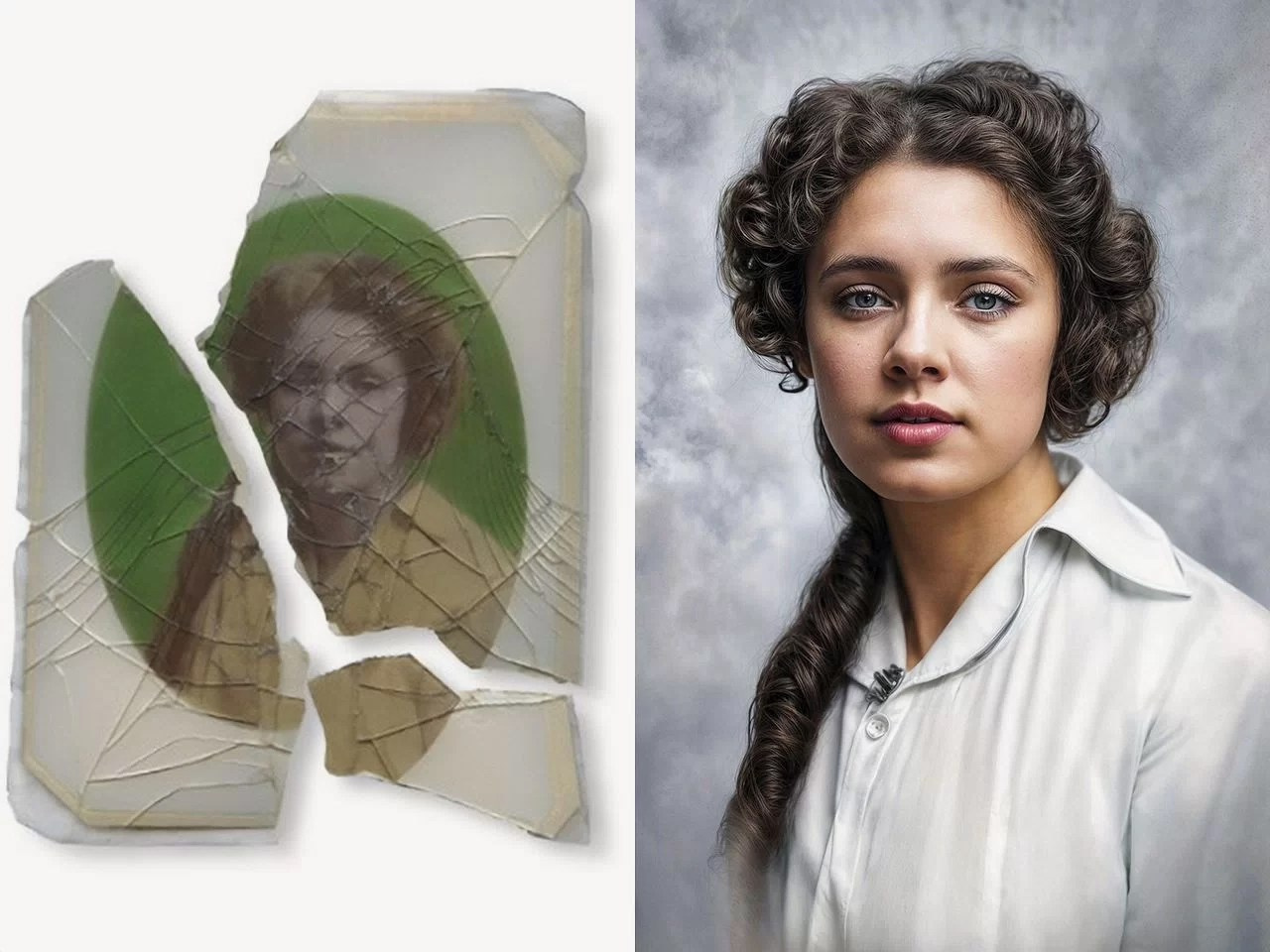 A composite image featuring two parts. On the left, a cracked and fragmented piece of glass or porcelain with a faded, vintage portrait of a woman against a green background. On the right, a digitally restored or recreated image of the woman, showing her with curly brown hair styled elegantly and wearing a white blouse, set against a neutral gray background