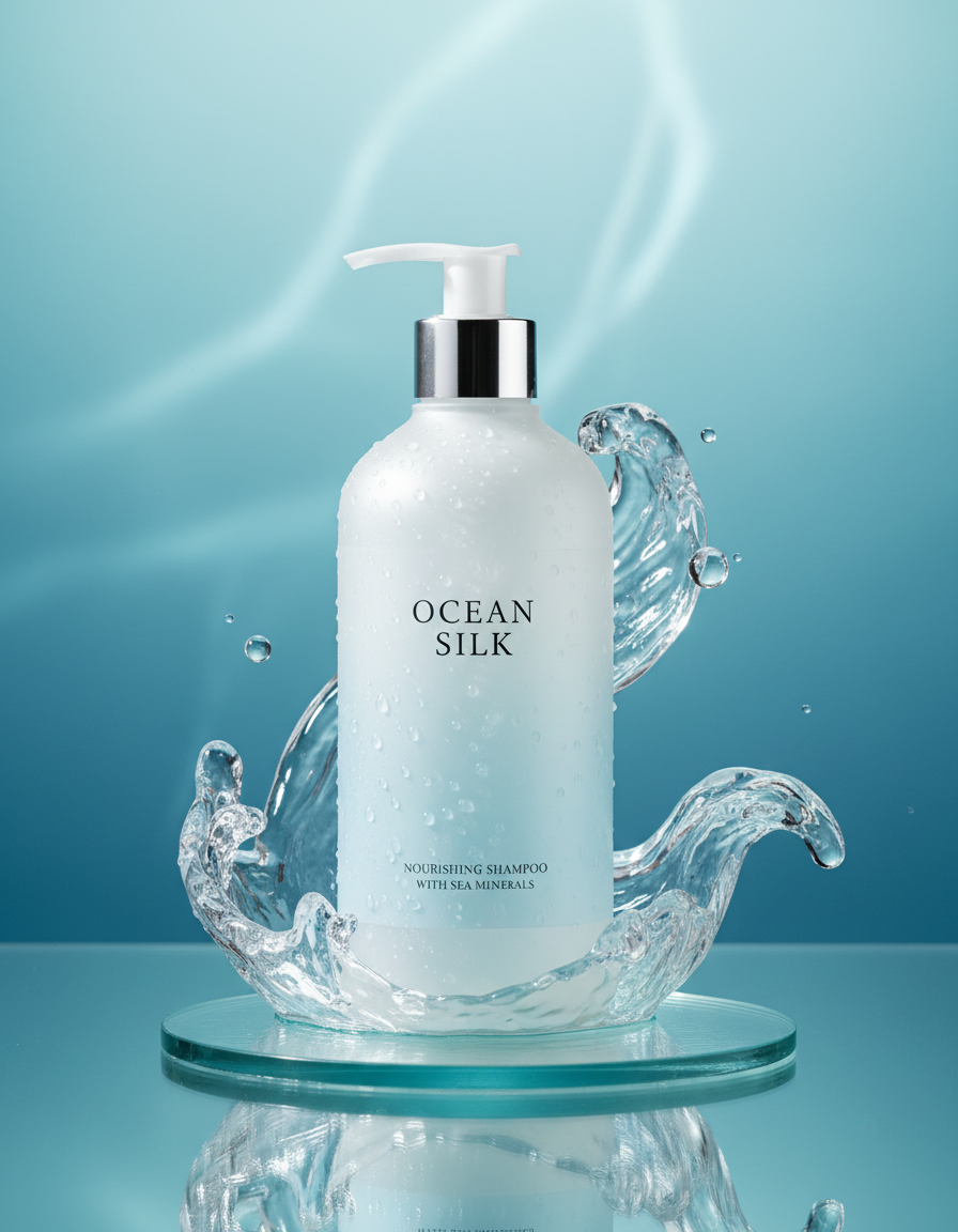 AI-generated beauty product visual featuring a shampoo bottle in dynamic water splash