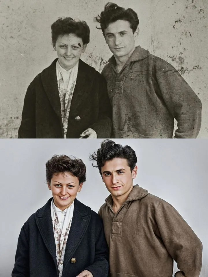 Side-by-side comparison of a vintage black-and-white photo and its modern recreation, featuring a smiling woman and a young man in casual clothing, standing close together with a neutral background