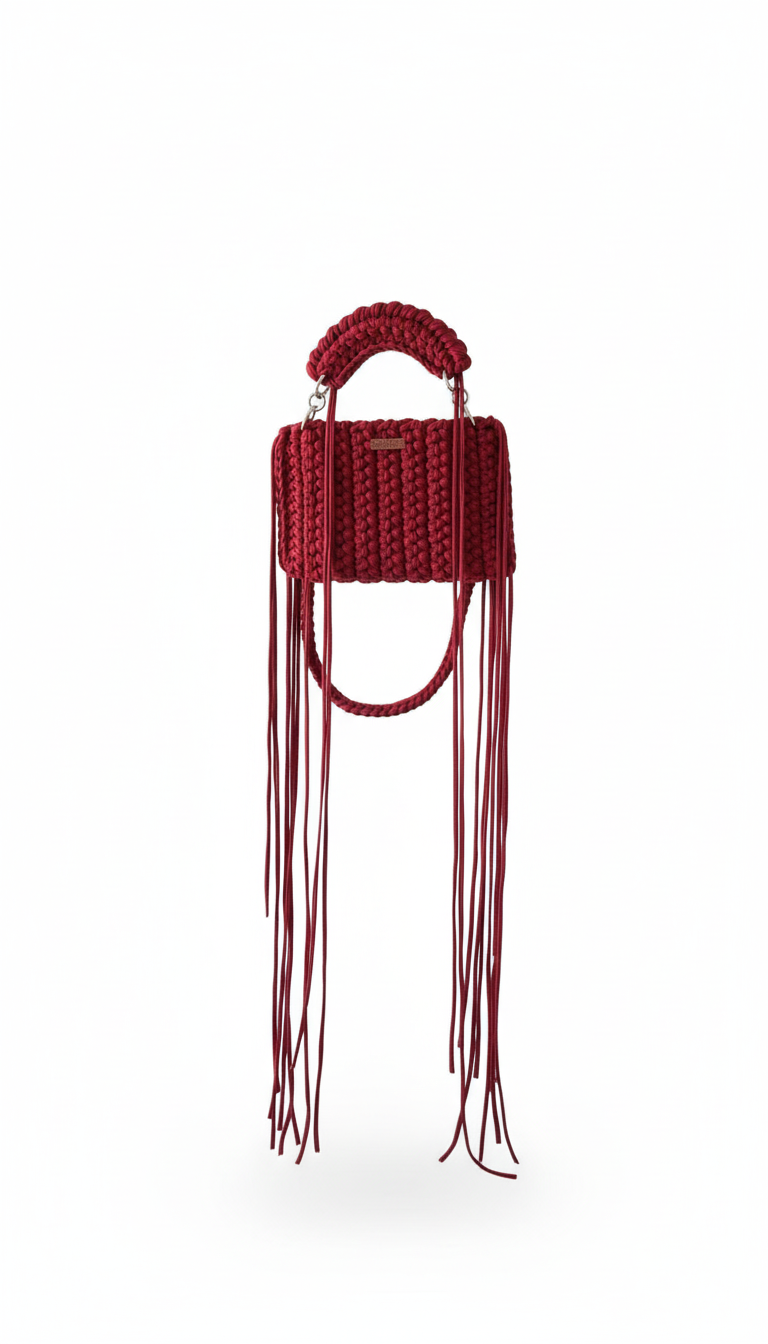 Floating red macramé handbag isolated on white background, minimalist fashion accessory product photography
