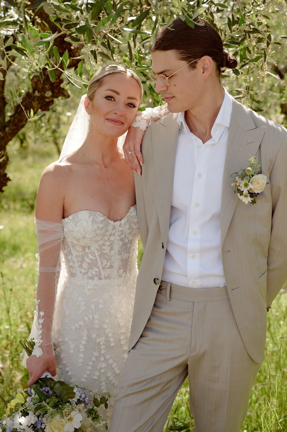 Couple portrait in olive grove at Lucca destination wedding Italy