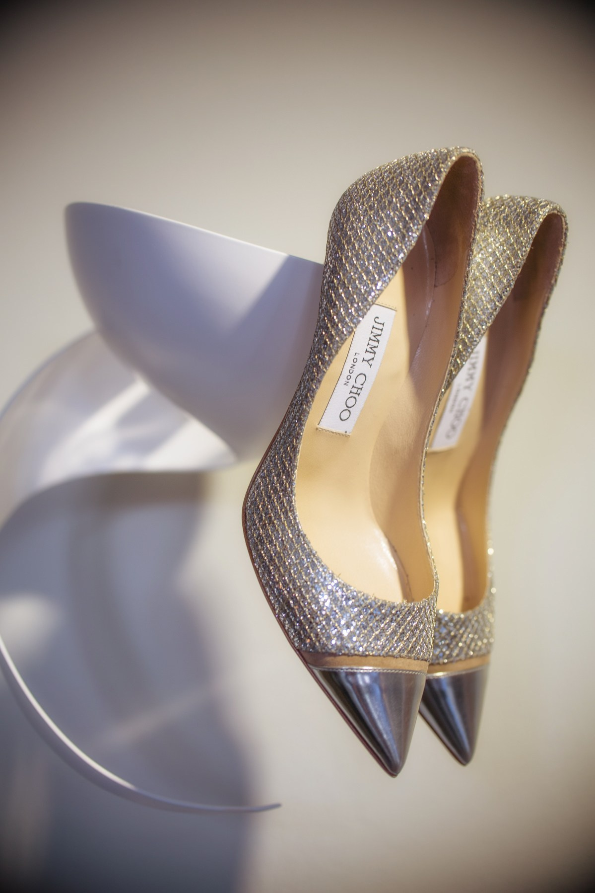 Elegant Jimmy Choo bridal shoes awaiting the bride at Augustine Hotel Prague