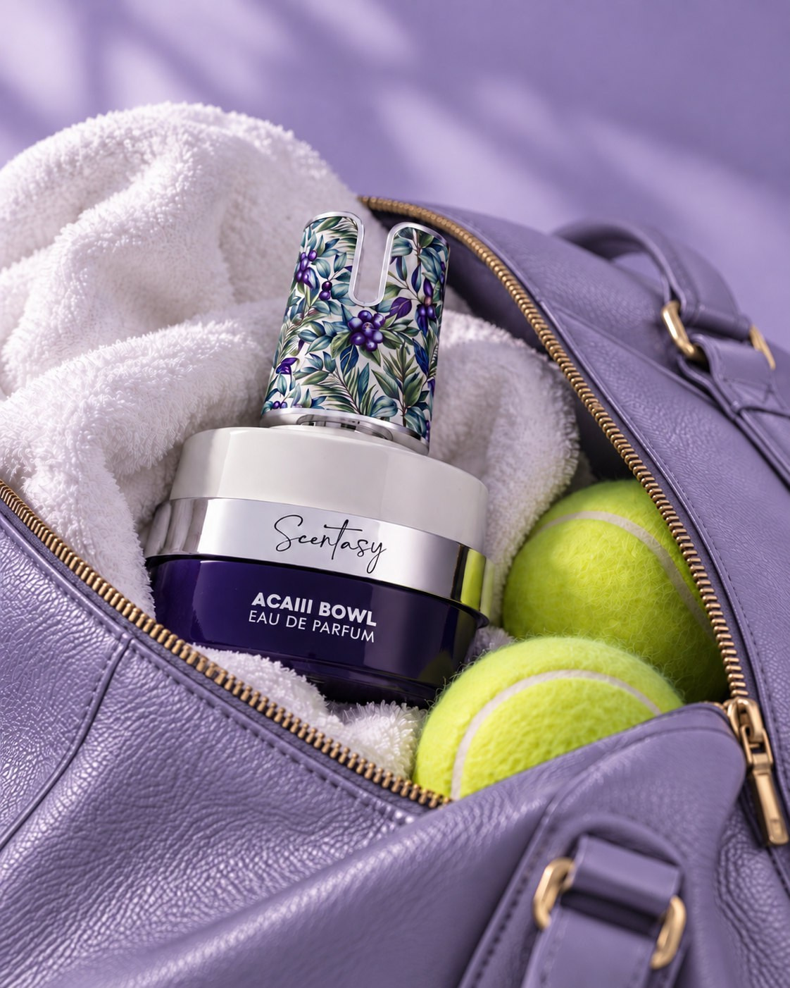 AI-created Acai Bowl perfume visual in a lilac sports bag with a towel and tennis balls