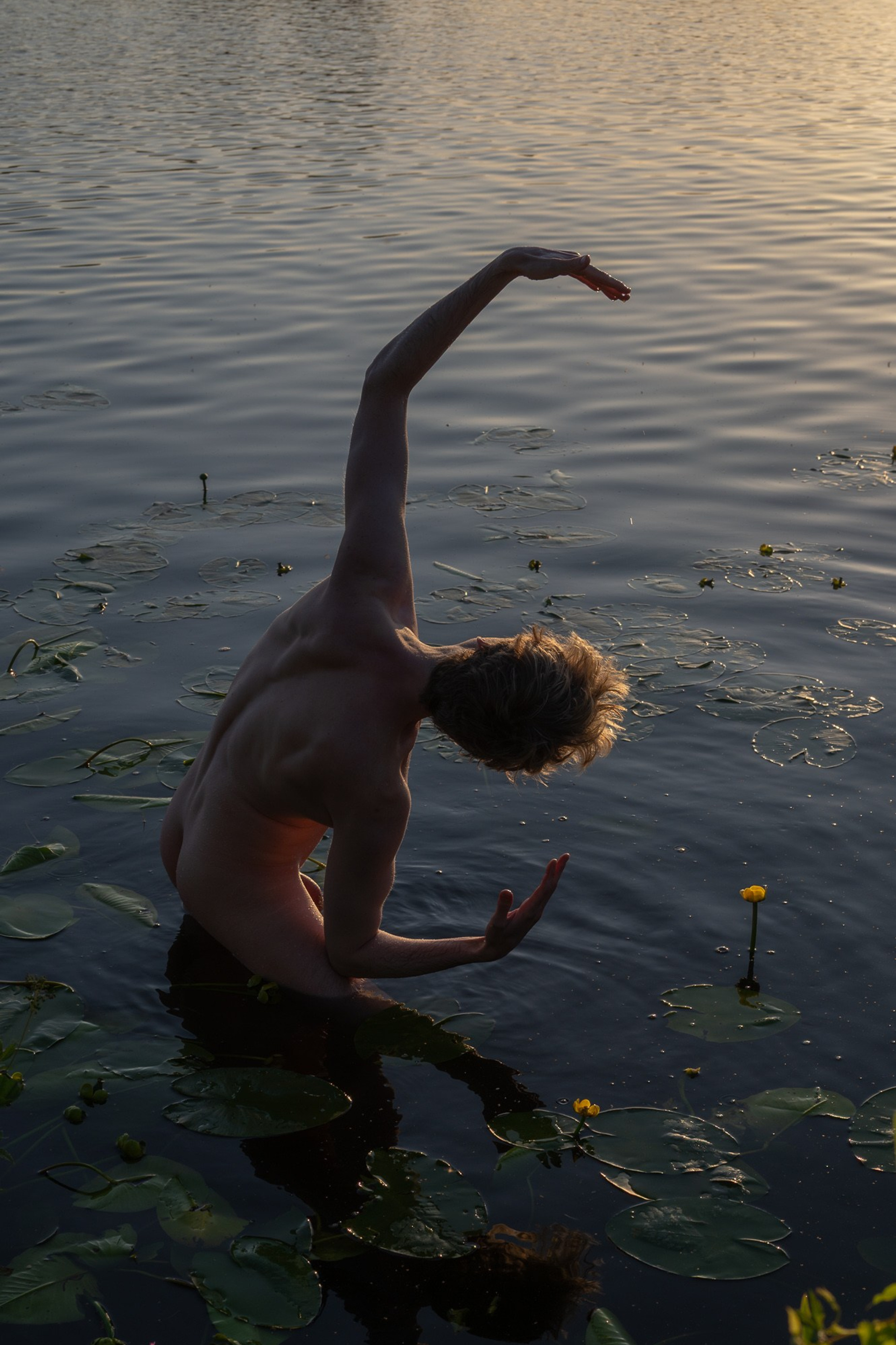 Kroppen flyter, naturen minns Hud som vatten, ljus som andning Stillhetens rörelse, rörelsens stillhet Mellanrum där kroppen försvinner