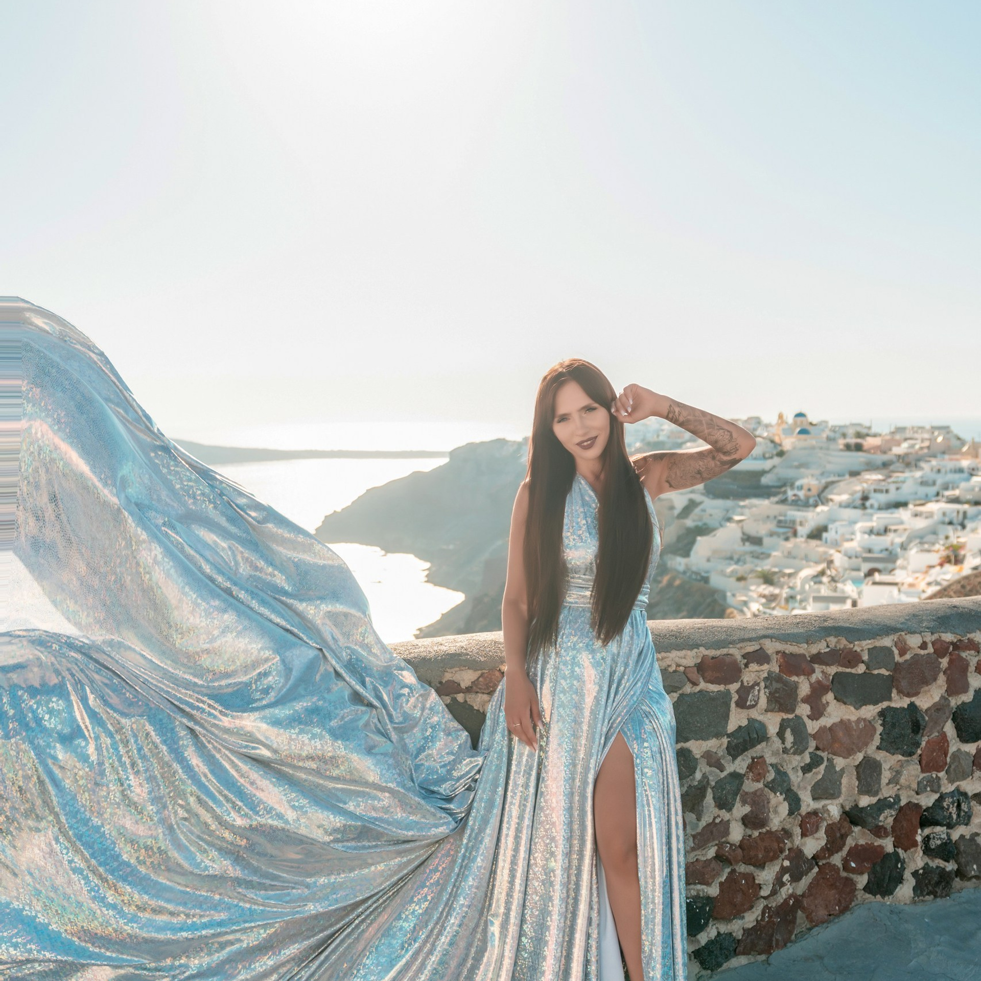 Royal Blue Flying Dress with Short Sleeves (XS-L) — Elegant Santorini Photoshoot Gown. Photographer in Santorini SokoLOVE Alex| Flying Dress Santorini