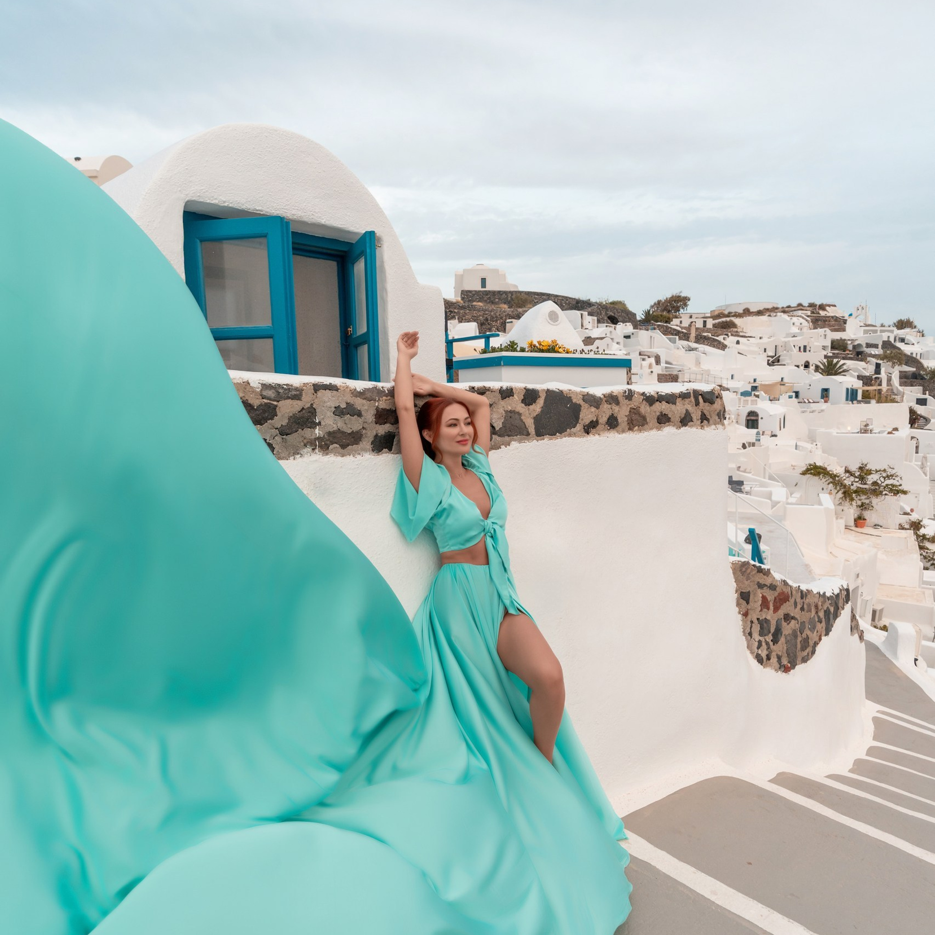 Purple Flying Dress Santorini Backless rent. Photographer in Santorini SokoLOVE Alex| Flying Dress Santorini