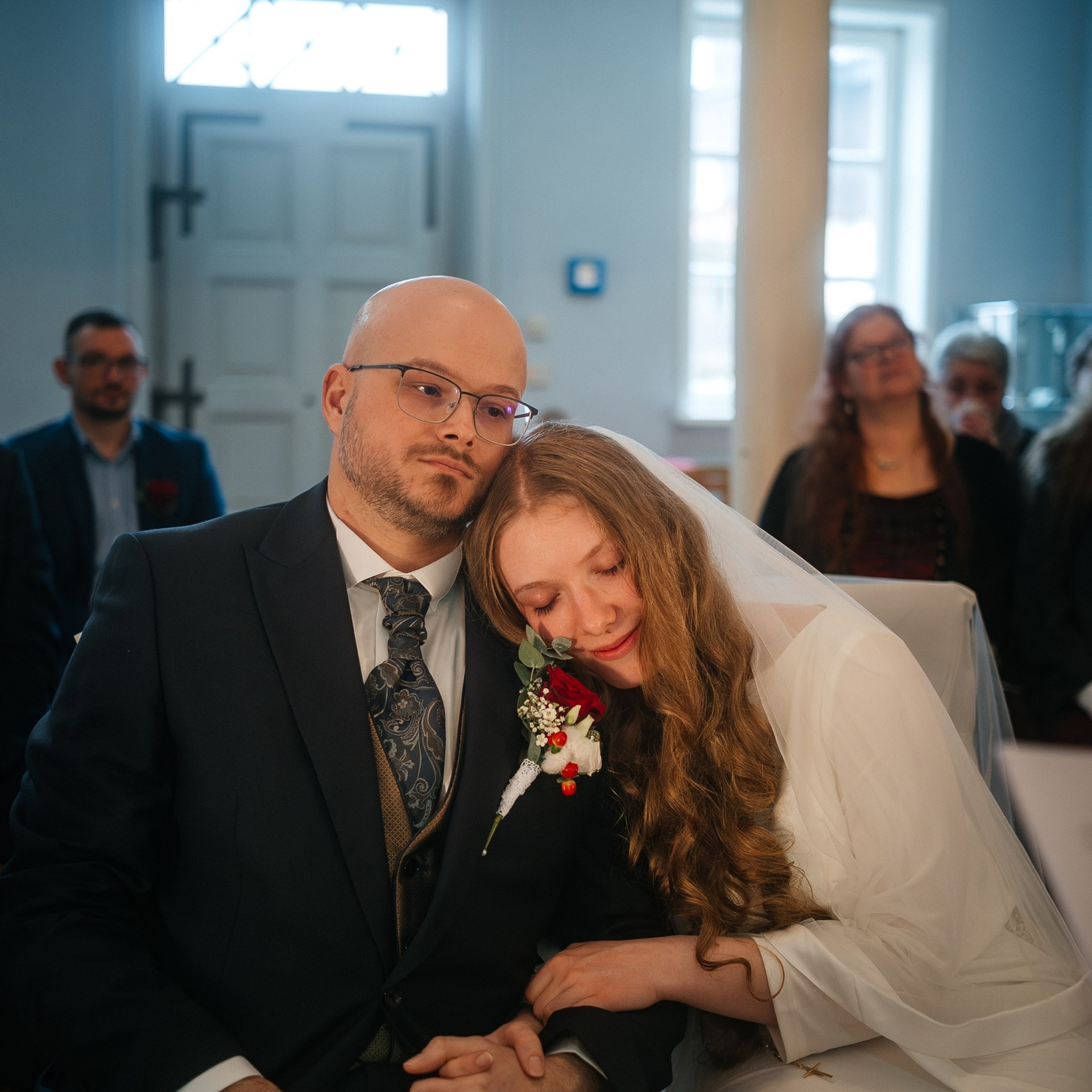 Bride on the shoulder of the groom