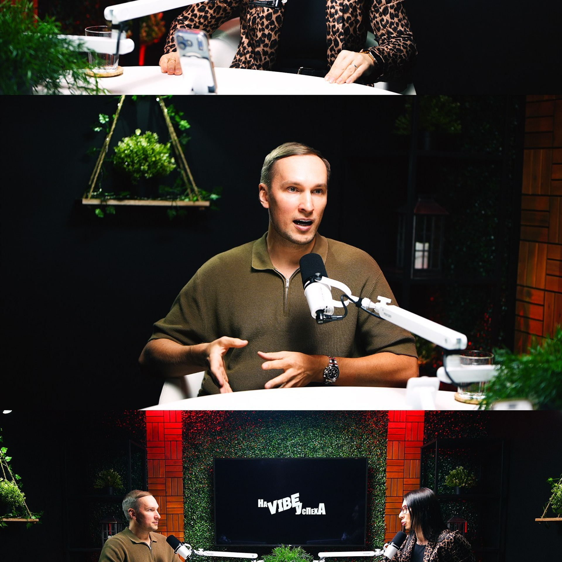 Podcast conversation scene at ProStudio1, Hollywood FL — round table talk-show set designed for interviews and YouTube content.