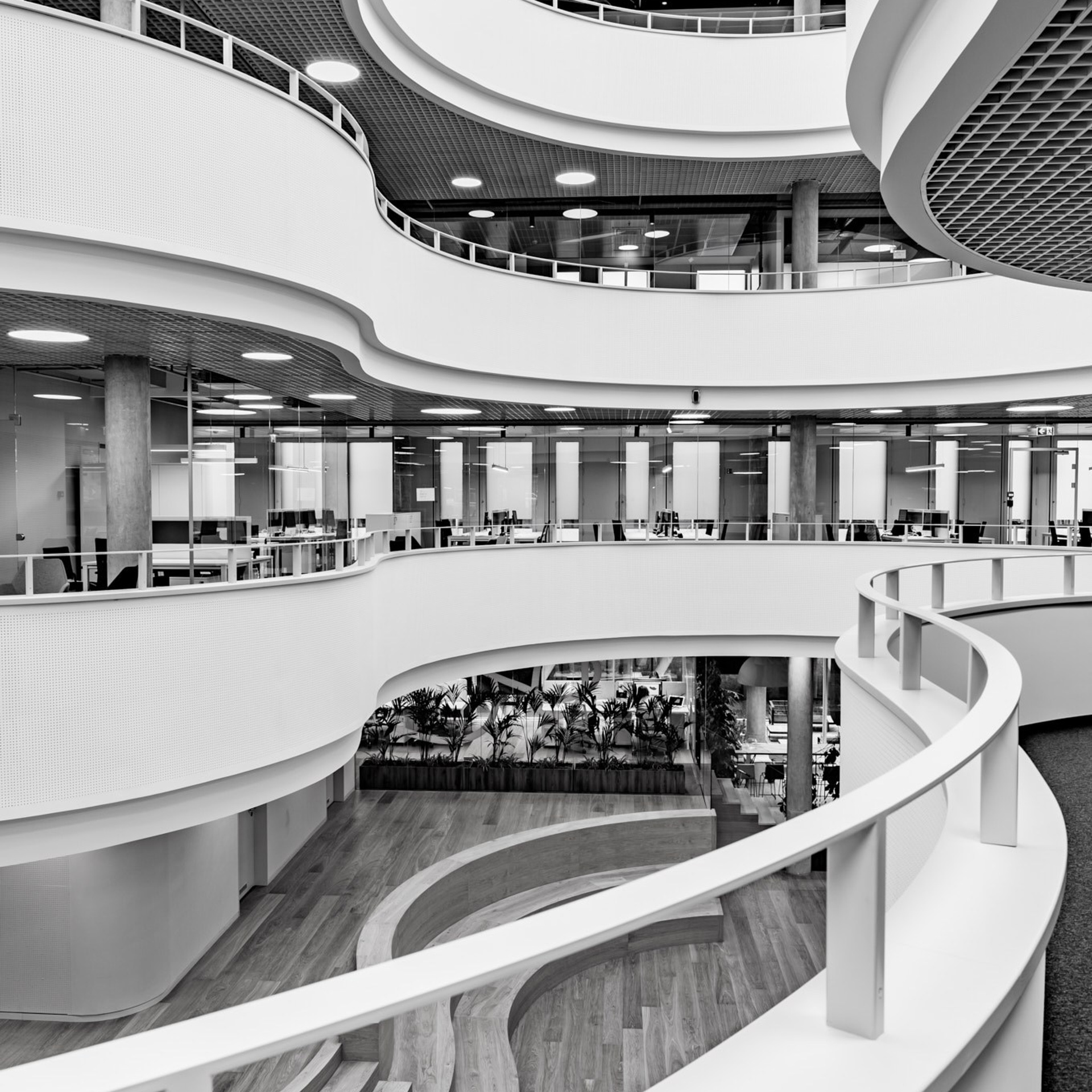 Modernus, baltas ofiso interjeras su balkonais.