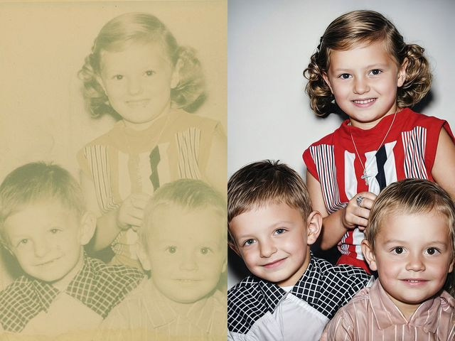 A side-by-side comparison of a vintage family photograph and its digitally restored version. On the left, a faded and yellowed image shows three children, a girl with curled hair wearing a striped dress and two boys in checkered shirts. On the right, the restored version brings vibrant colors and clarity, with the girl wearing a red and white striped dress, her blonde curls shining, and the boys in a black checkered shirt and a light pink shirt with crisp details