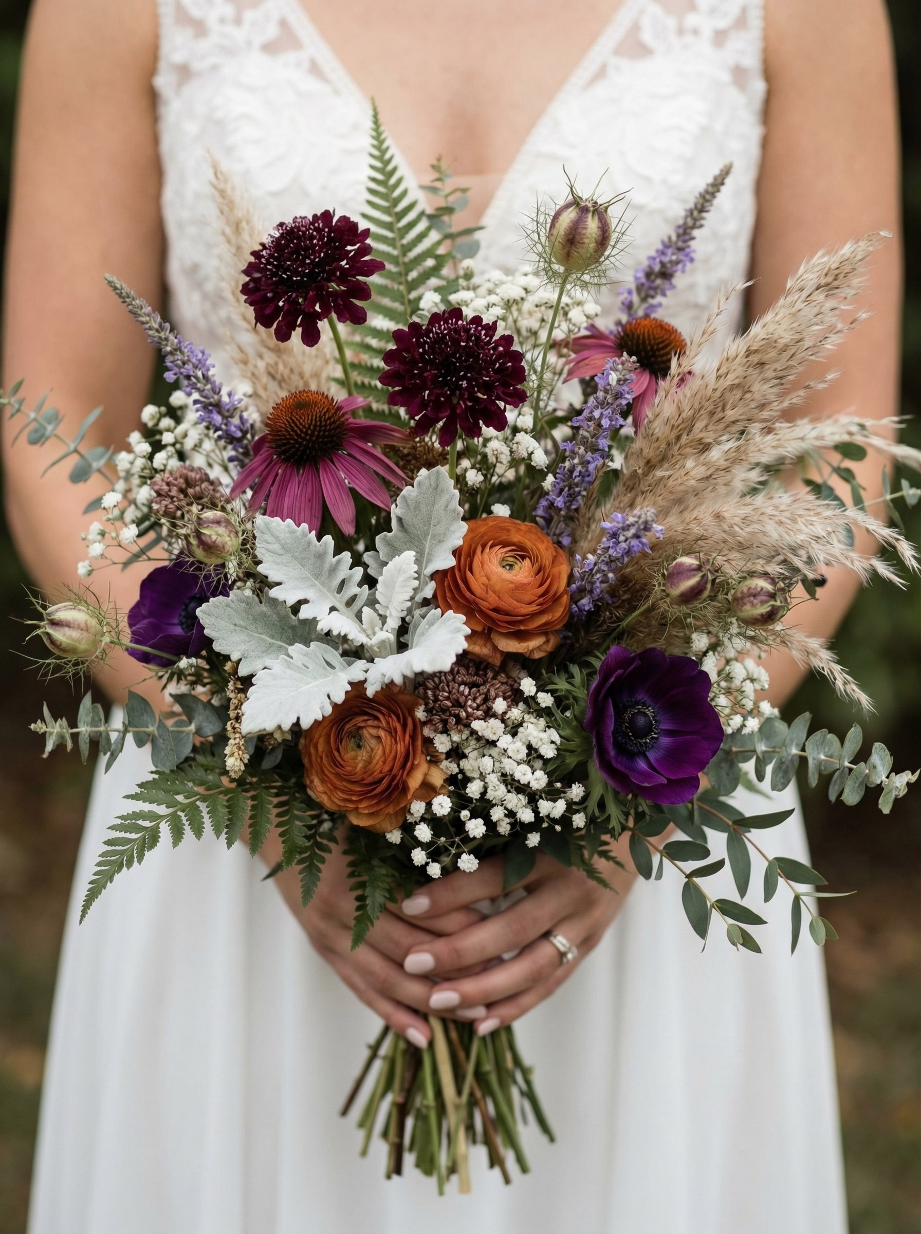 Boho Brautstrauß mit wilden Blumen und Gräsern