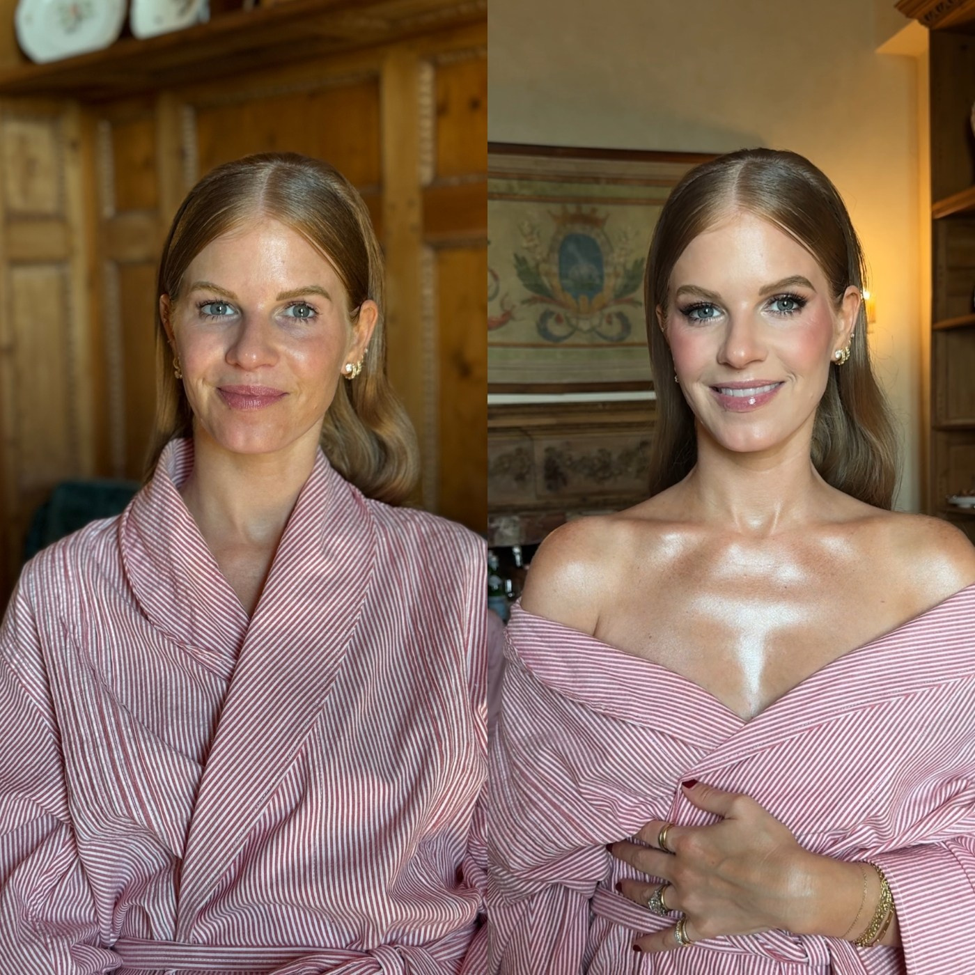 a bridesmaid in a pink robe with pearly shimmery eye makeup