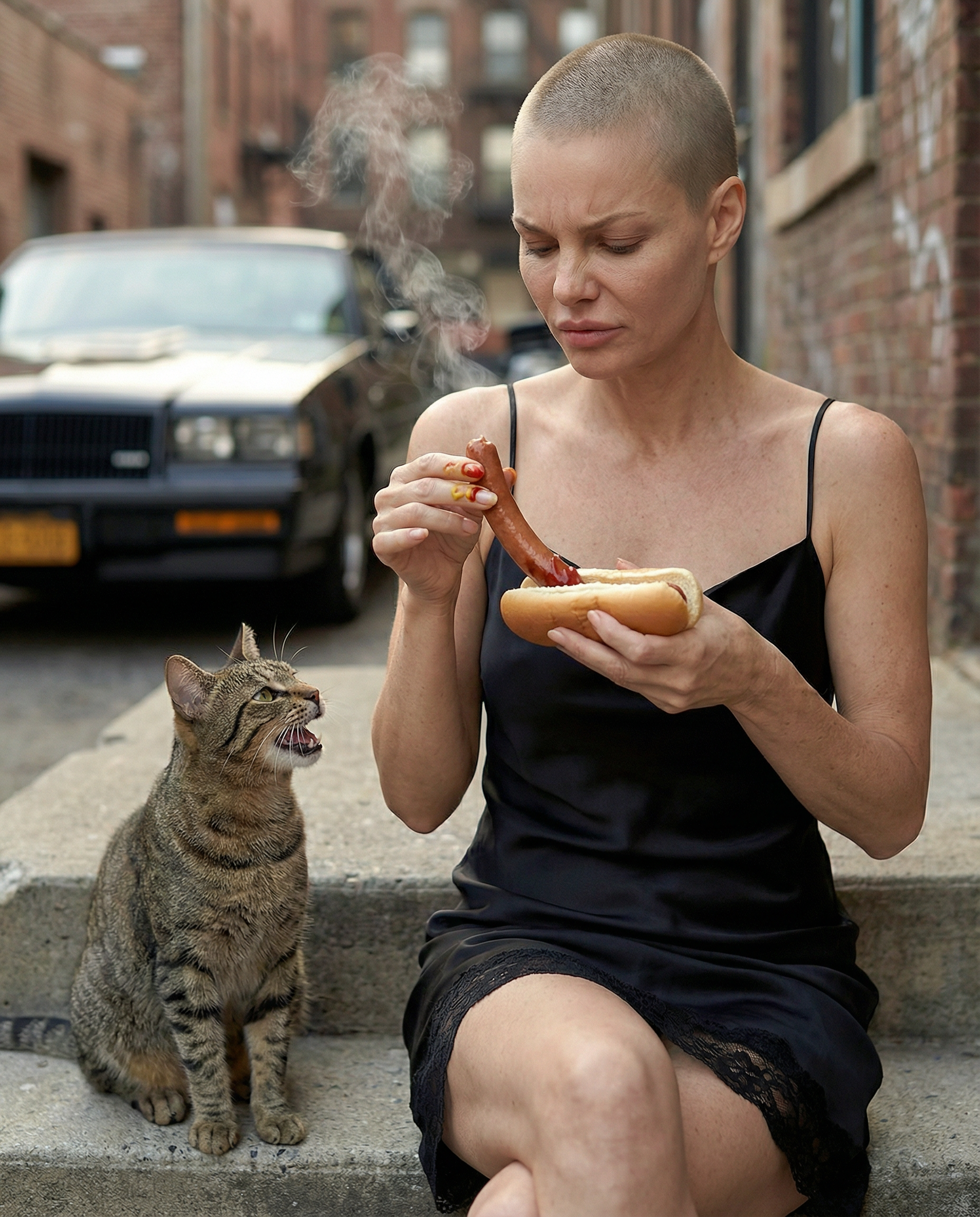 Woman in black satin slip dress sitting on alley steps pulling a hot sausage from a hot dog while a cat meows beside her, cinematic urban street scene.