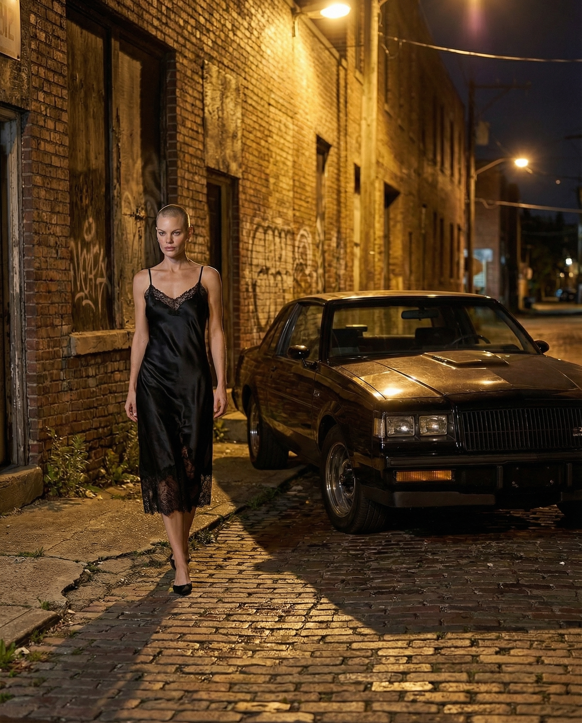 Woman in a black satin slip dress walking along a cobblestone alley at night beside a 1987 Buick Grand National under warm street lights, cinematic urban fashion scene.