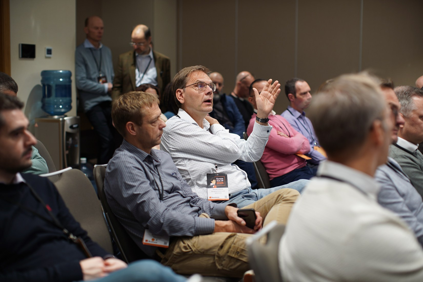 Question and answer session in breakout panel, Orange Business corporate event photography Hilton Prague 2026.