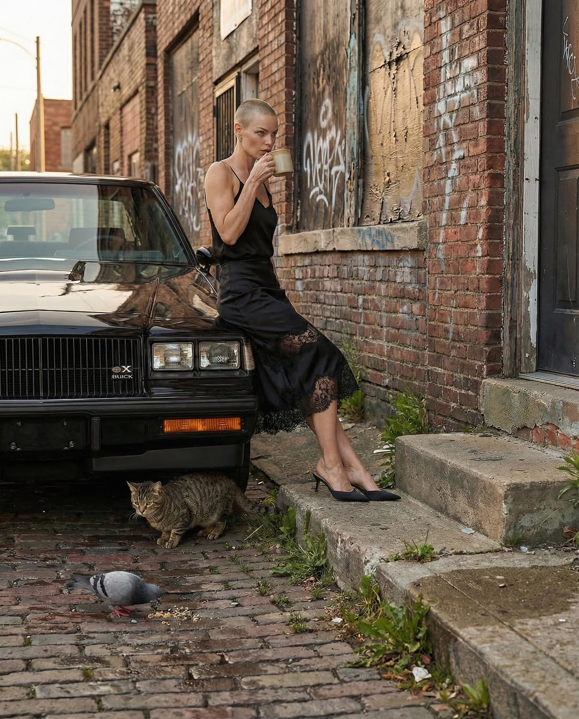 Woman in a black satin slip dress standing beside a 1987 Buick Grand National in a brick alley, cinematic urban fashion portrait with cobblestone street and gritty textures.
