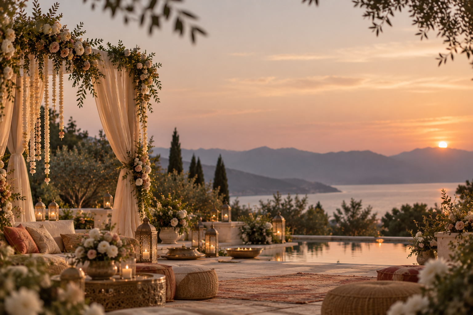 Karadağ'da Sveti-Stefan'da gün batımı
