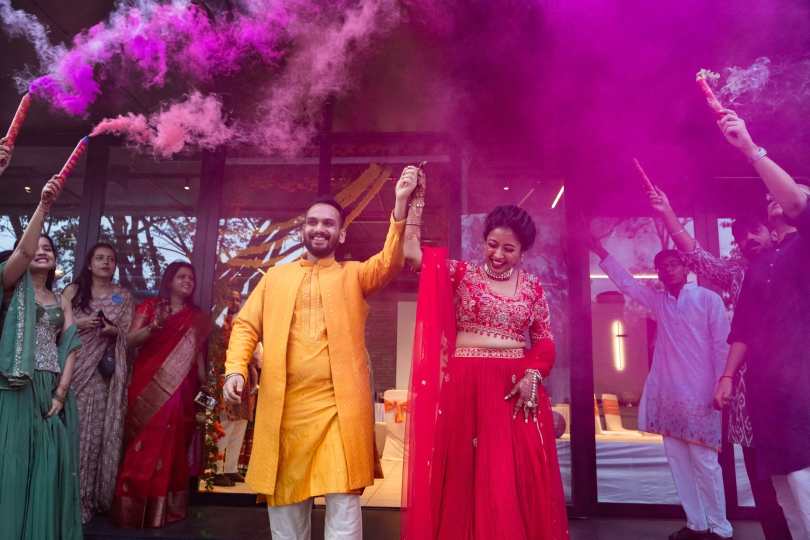 Hands in the Air: Chiranjeev & Niharika at Hyatt Centric Hebbal. Truly Yours | Documentary Wedding Photography & Films | Sharath Padaru, Bangalore