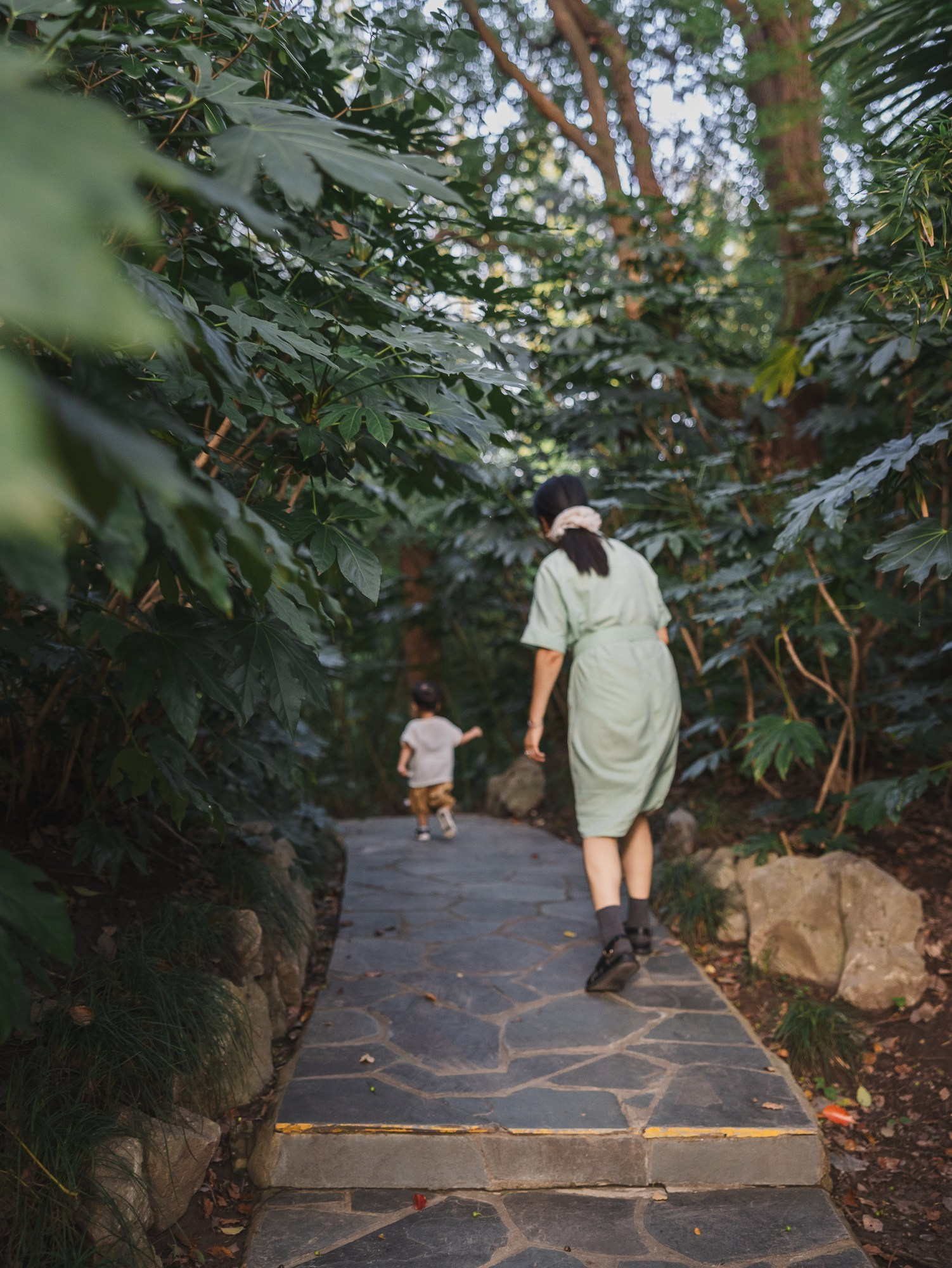 A toddler walks ahead on a tree-lined path while his parents follow behind, showing a quiet growing-up moment.