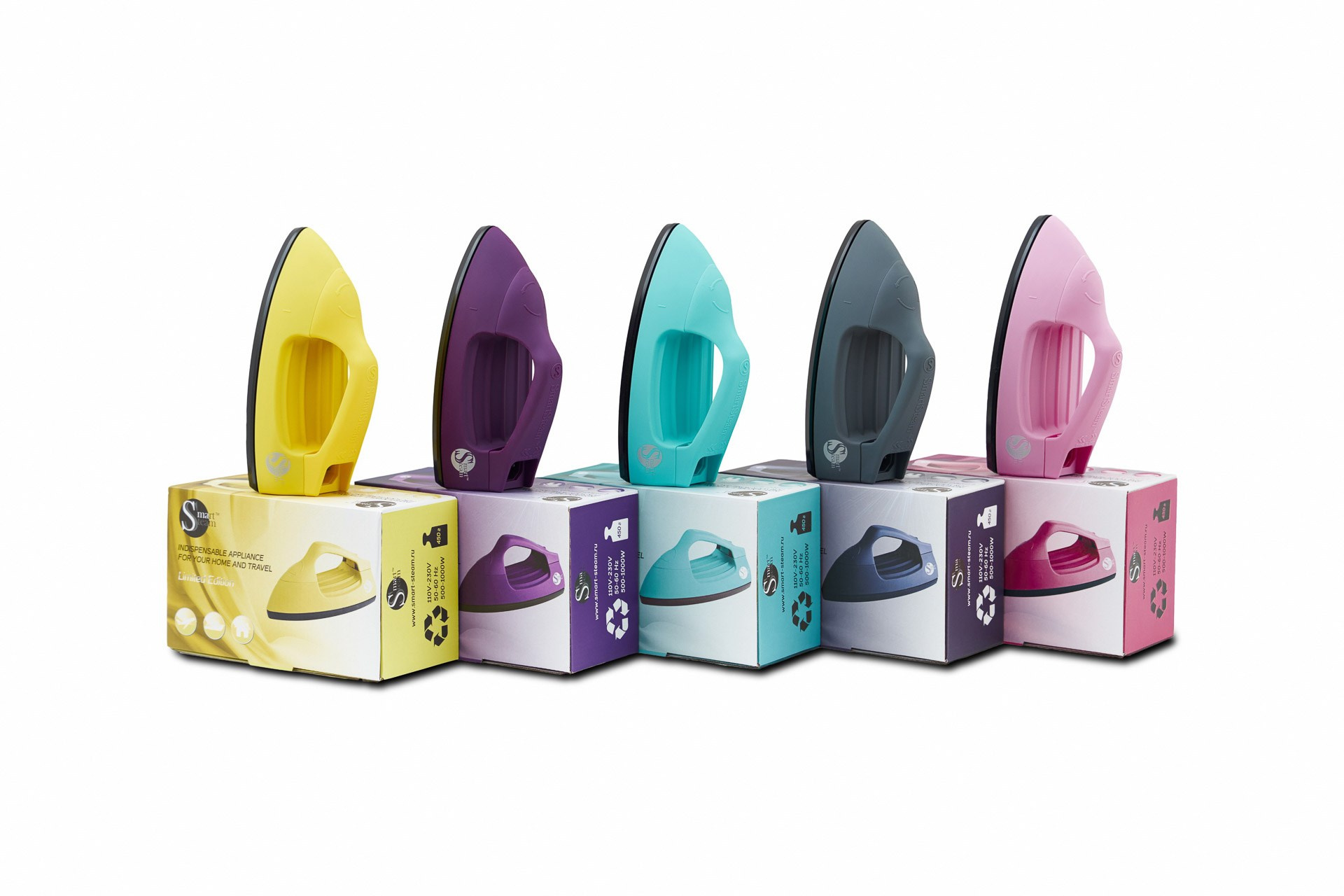 Product lineup photography with colorful packaging on white background