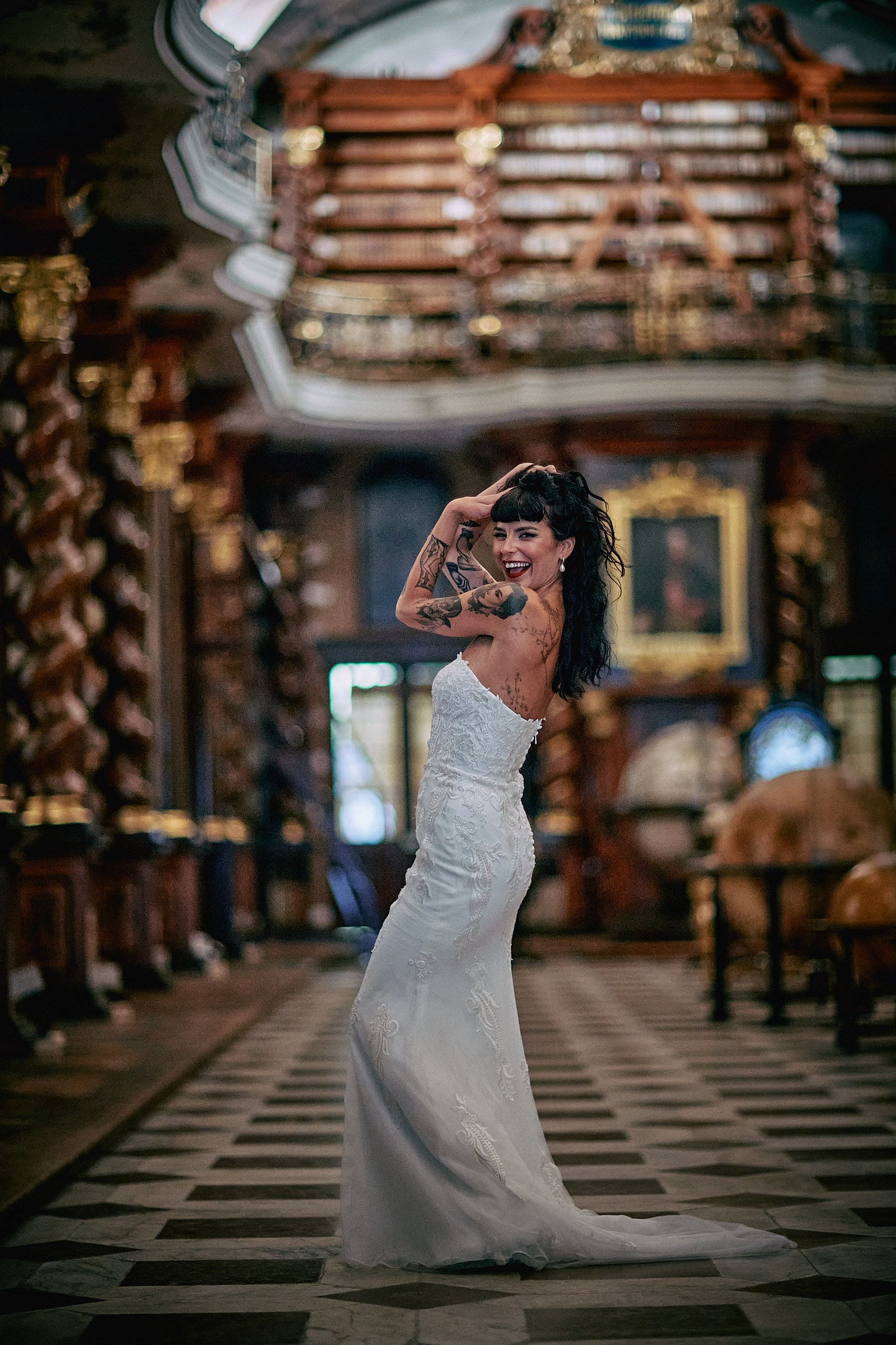 Burlesque bride sultry confident portrait in Klementinum Library.