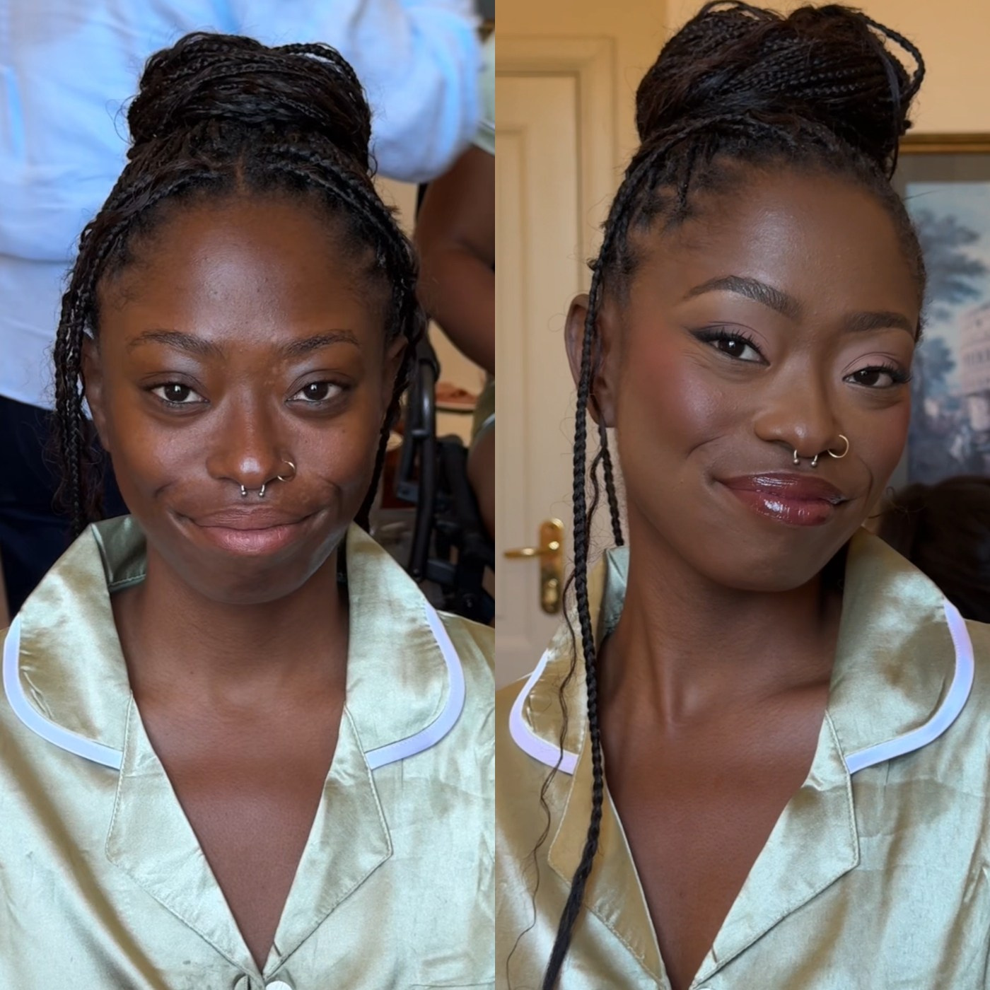 dark skinned bridesmaid posing for before and after photos