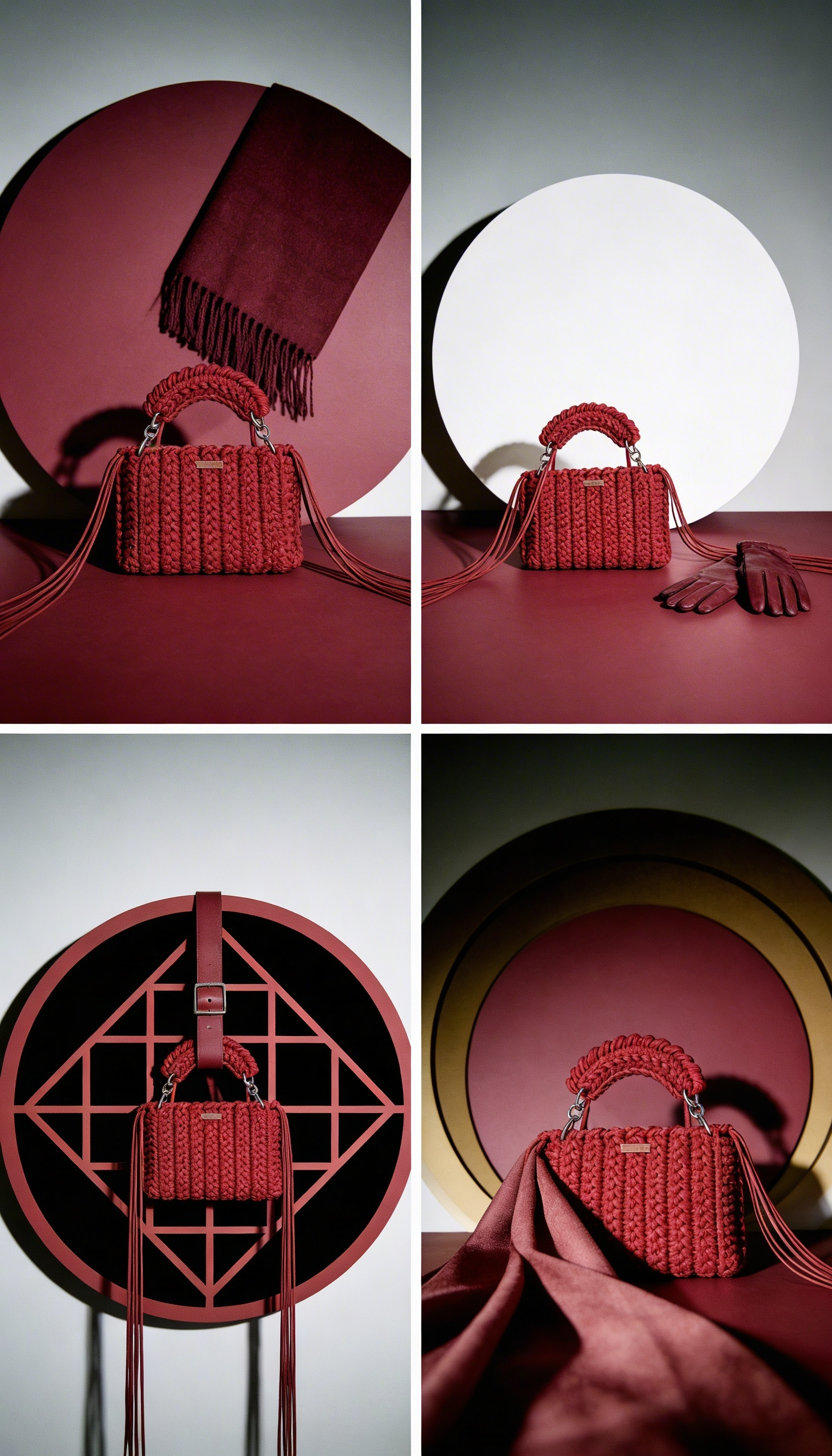 Red macramé handbag with fashion accessories in geometric studio setup, minimalist monochrome product photography