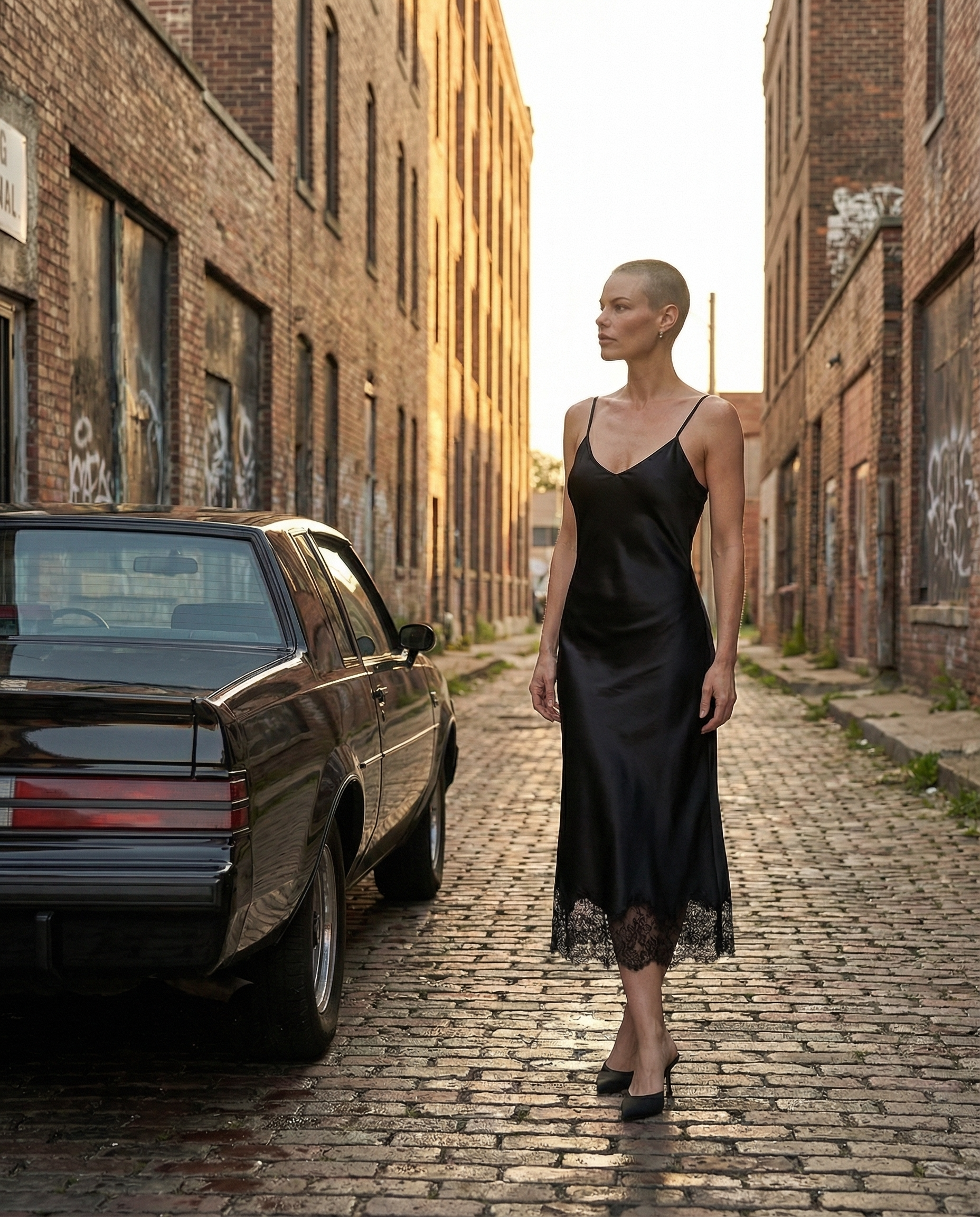 Woman in a black satin slip dress walking along a cobblestone street beside a 1987 Buick Grand National in a brick alley, cinematic urban fashion portrait at sunset.